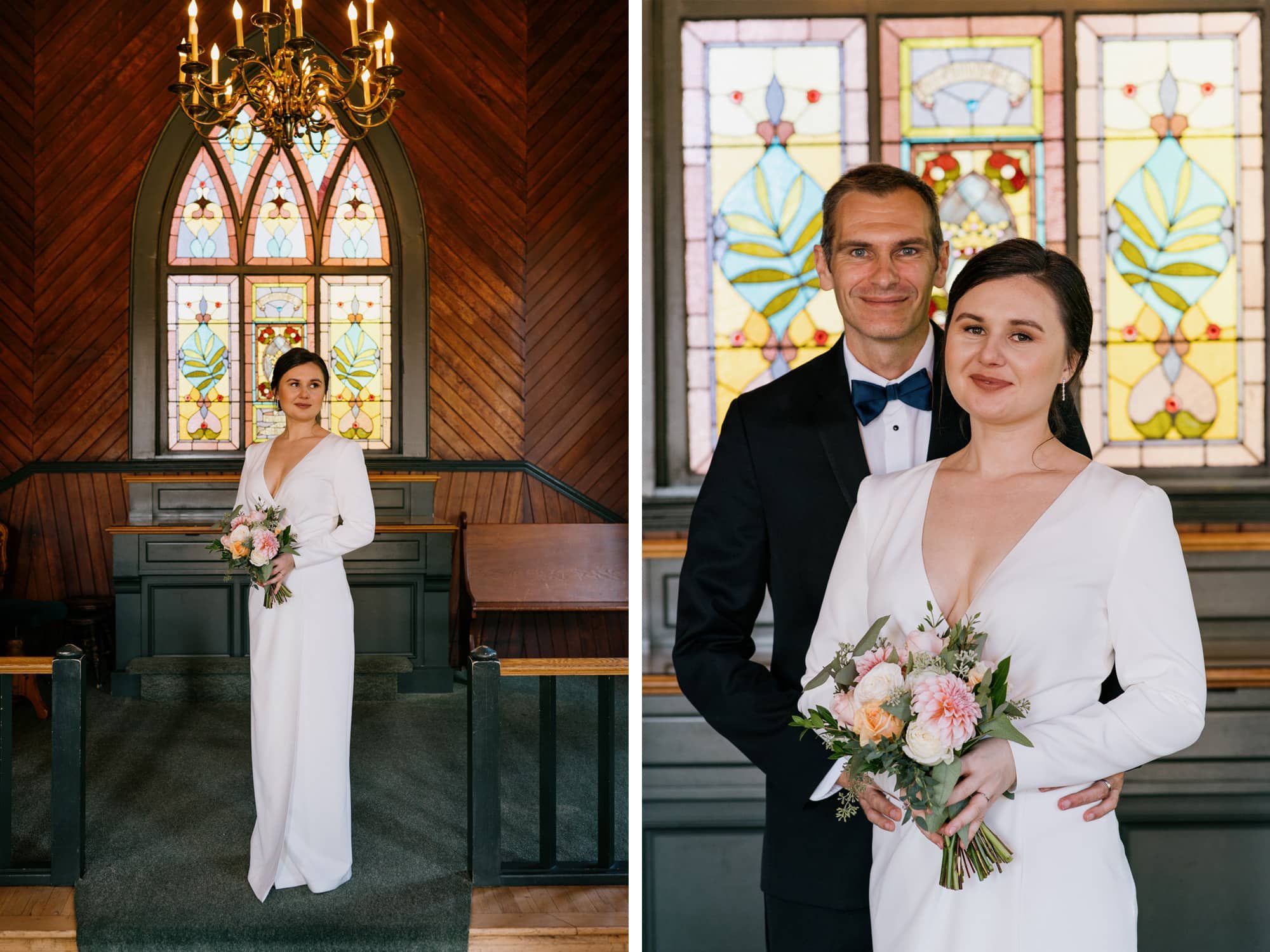 Side by side portrait of bride and bride and groom