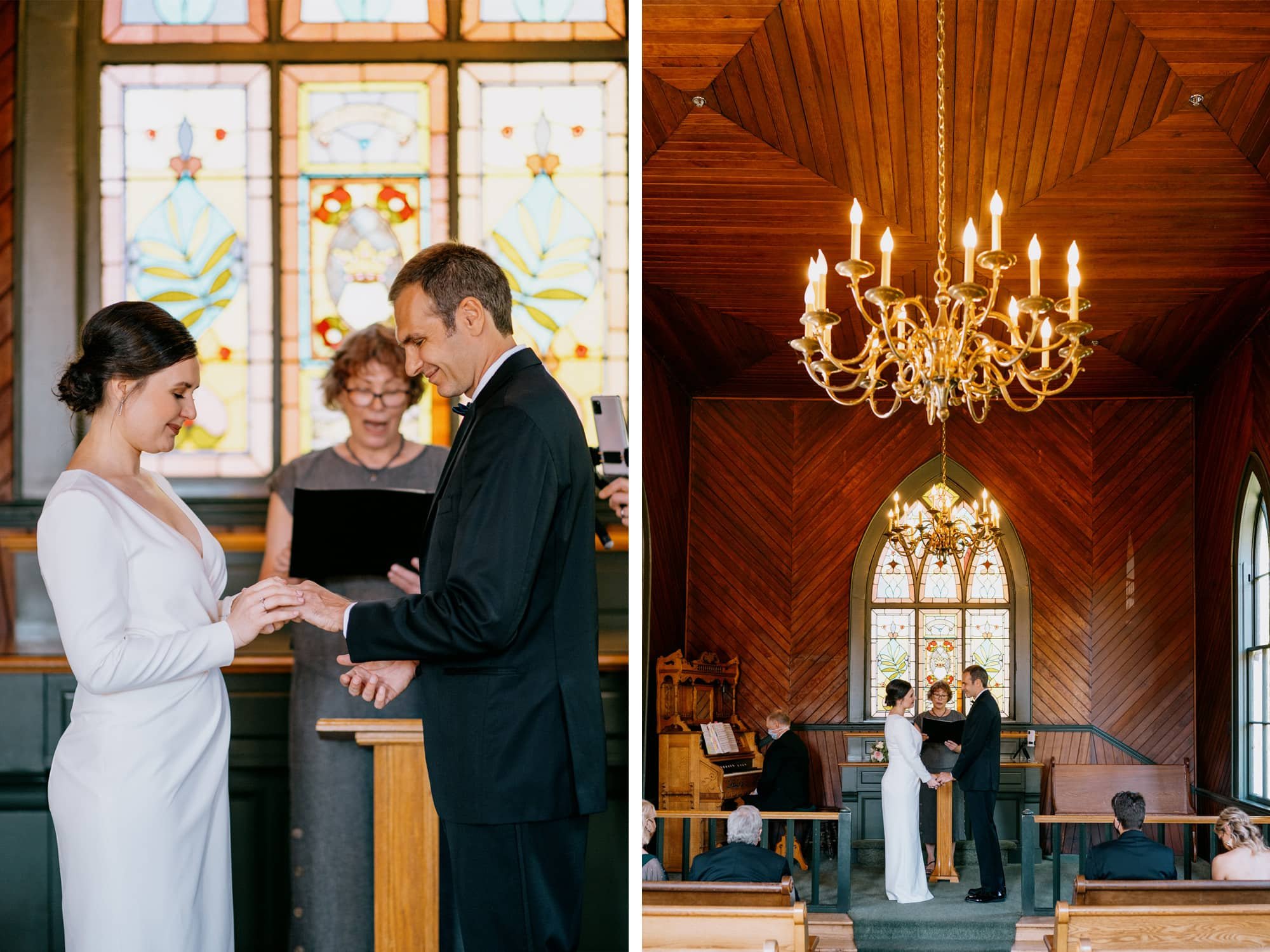 Side by side photos of bride and groom exchanging rings