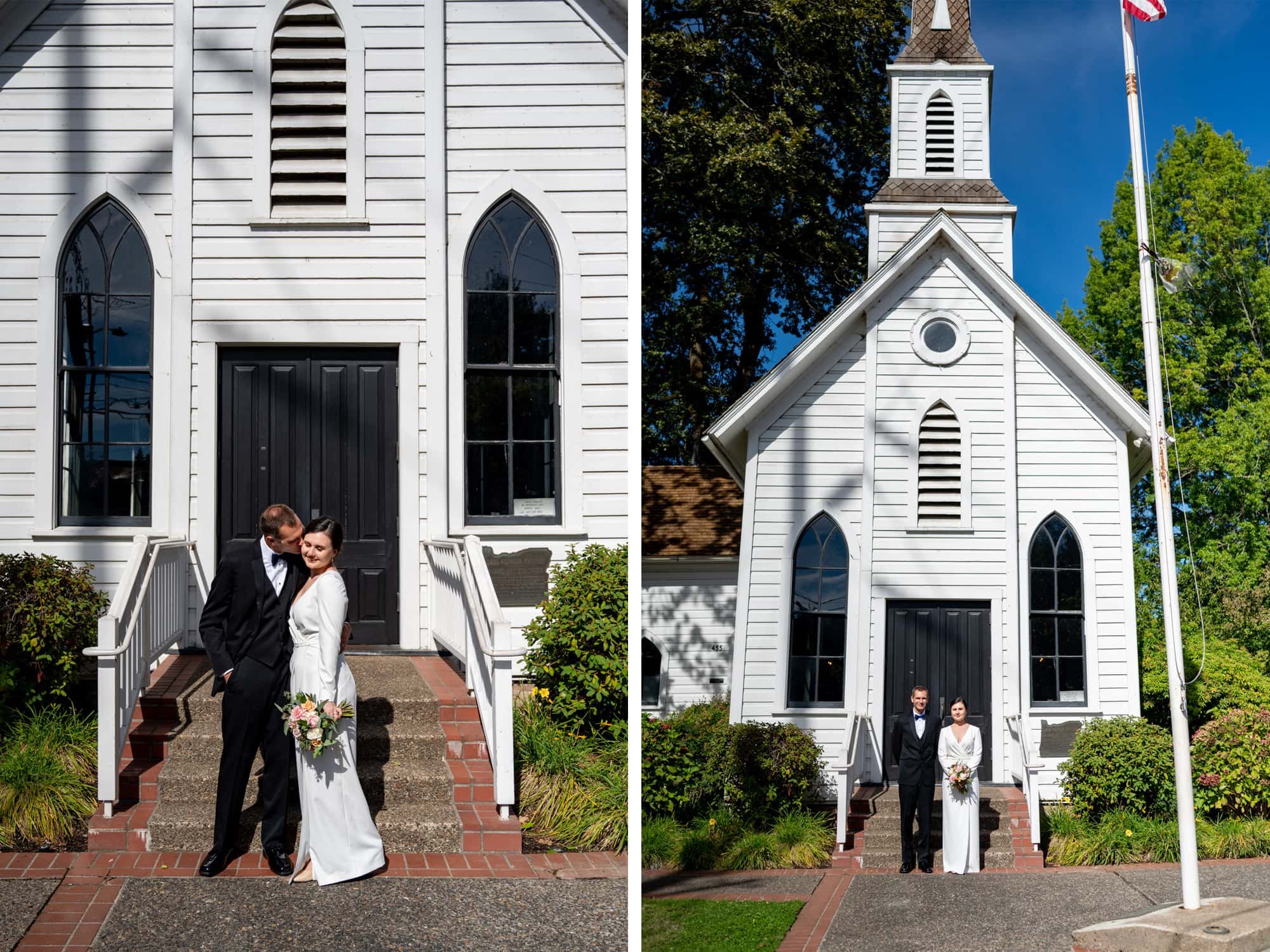 Photo of couple outside of the white wedding chapel