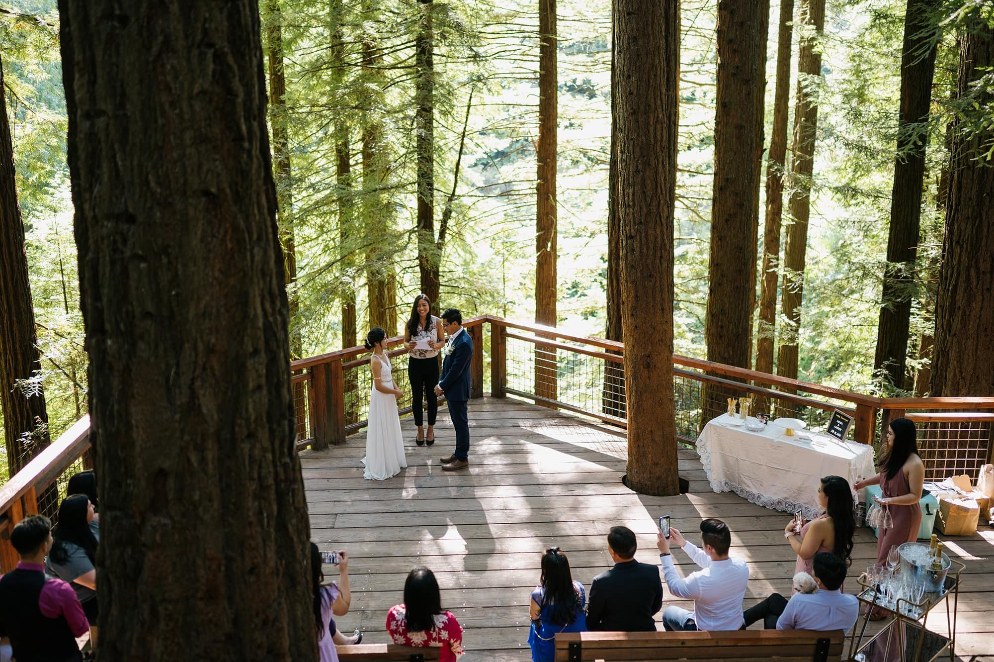 Wide shot of Redwood Deck wedding at Hoyt Arboretum