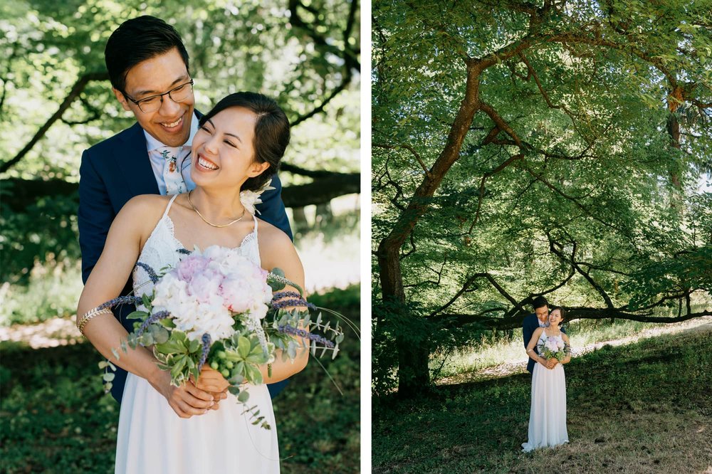 Side by side portraits of bride and groom at Hoyt Arboretum