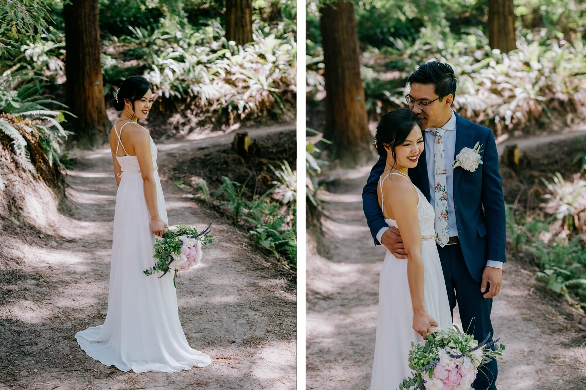 Side by side wedding photos of couple on trail at Hoyt Arboretum