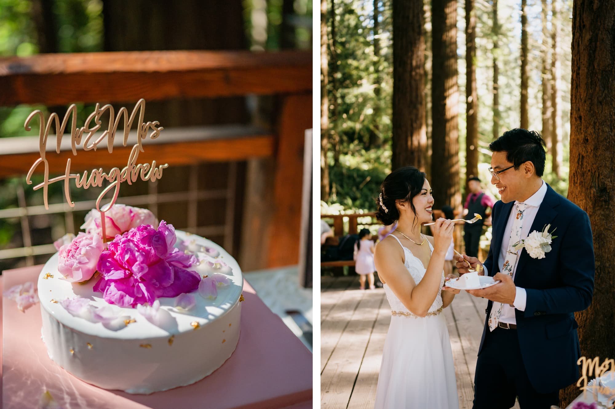 Side by side photos of cake and bride and groom eating cake