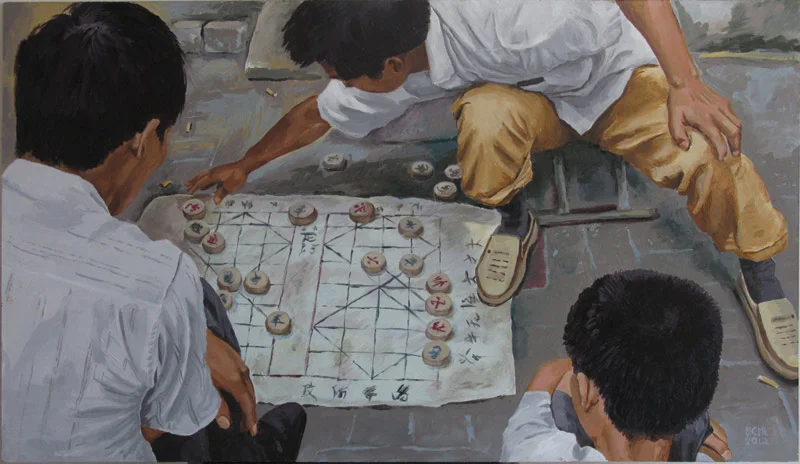 China Painting - "Men playing Chinese Chess" in the middle of a busy street, on a homemade paper "board" game. Acrylic on board