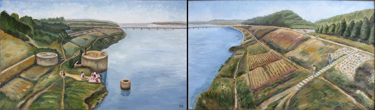 China Painting - "Two sides of a Chinese River" Rivers support a community - people meet, wash their clothes, get water for cooking, socialize and plant food anywhere there is free ground. Acrylic on board