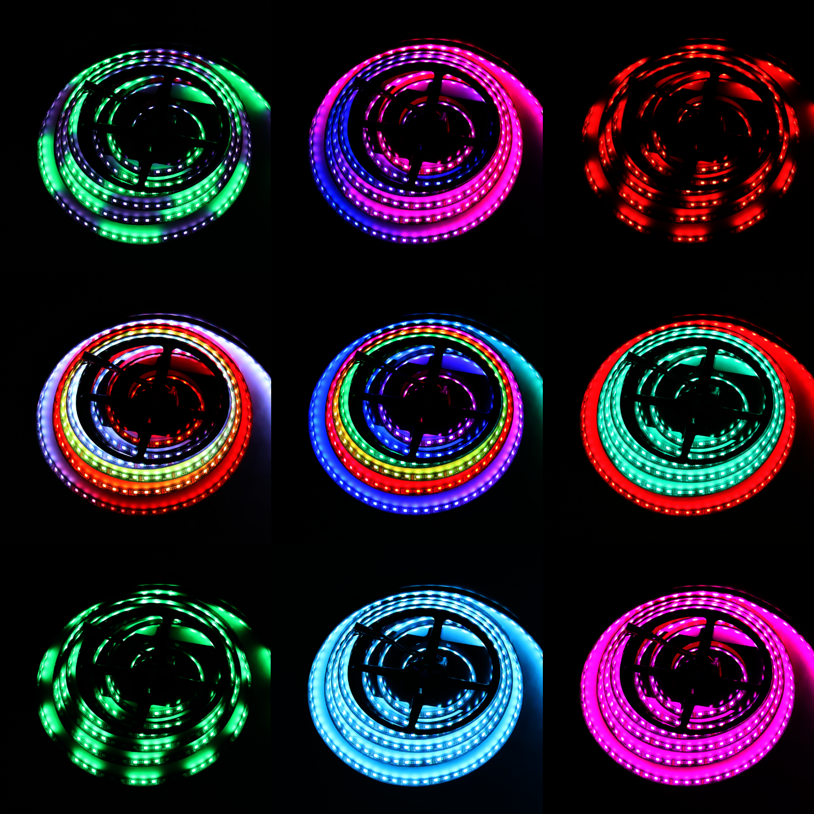 WS2811 RGB LED strip displaying multiple colors including red, green, blue, purple, white, and pink