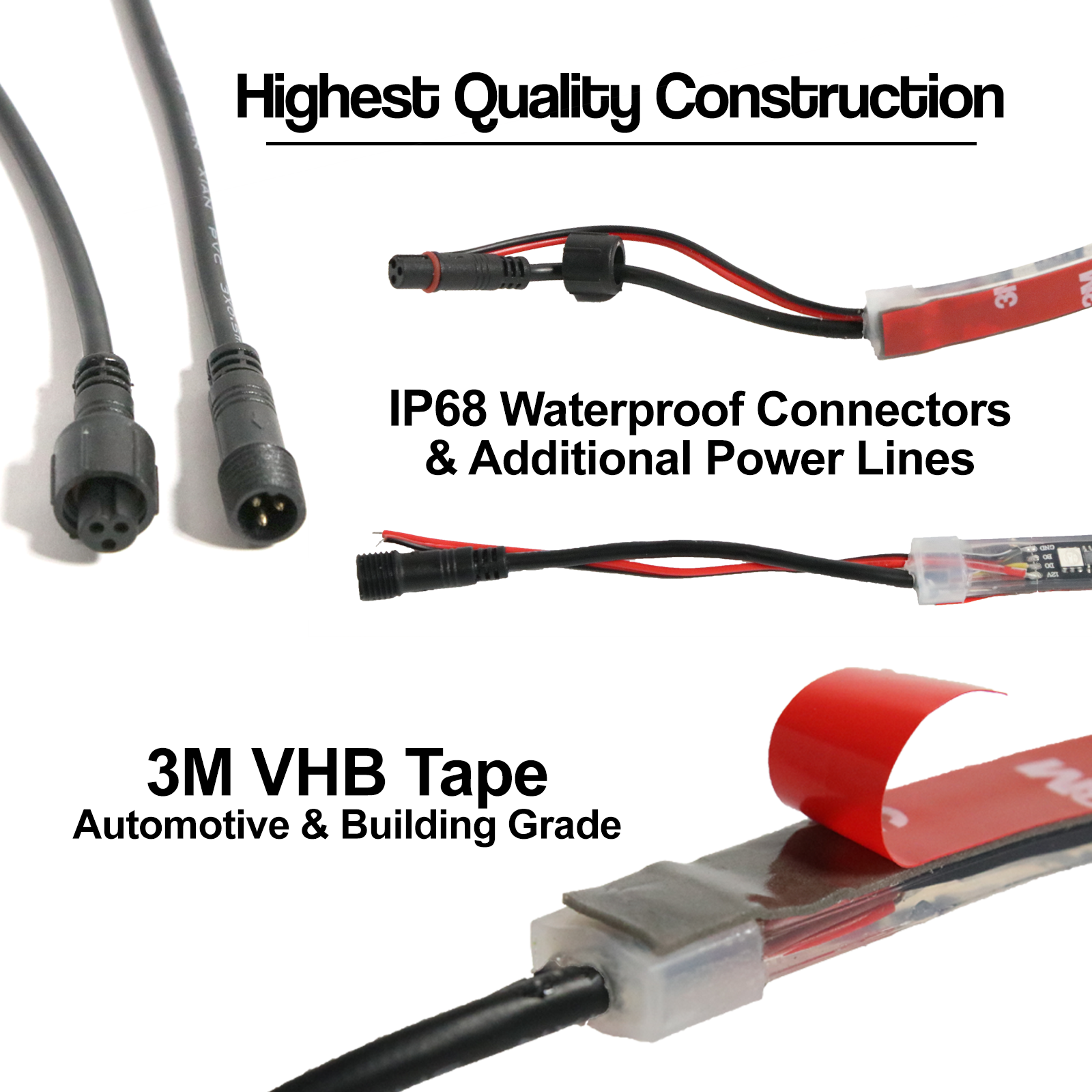 WS2811 LED strip showing IP68 waterproof connectors, extra power wires, and 3M VHB adhesive backing