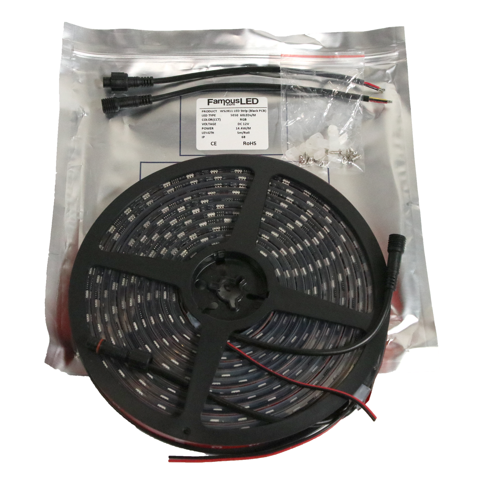 Packaged 12V WS2811 addressable RGB LED strip roll in sealed protective bag