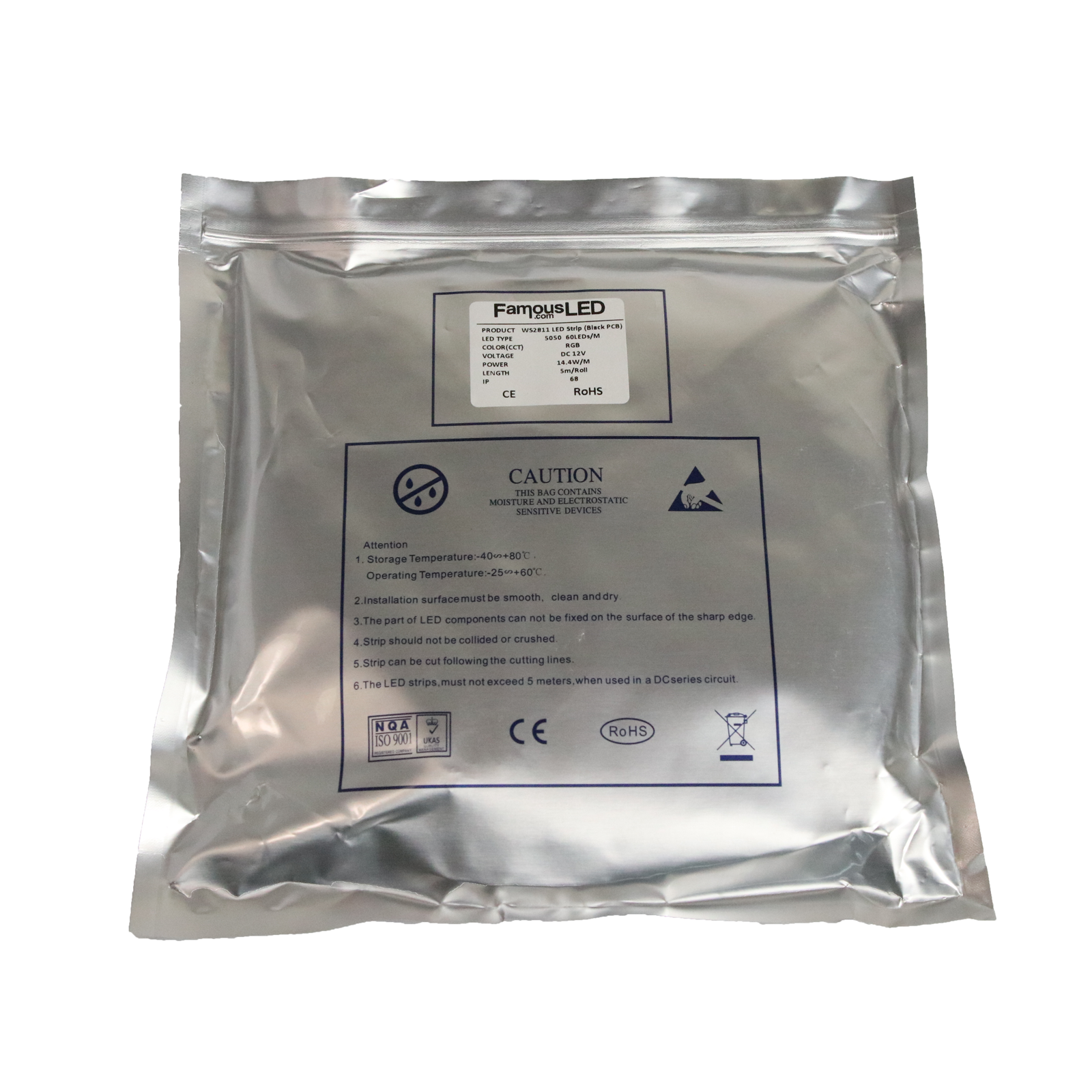 Back of packaged WS2811 addressable RGB LED strip showing product label and safety markings