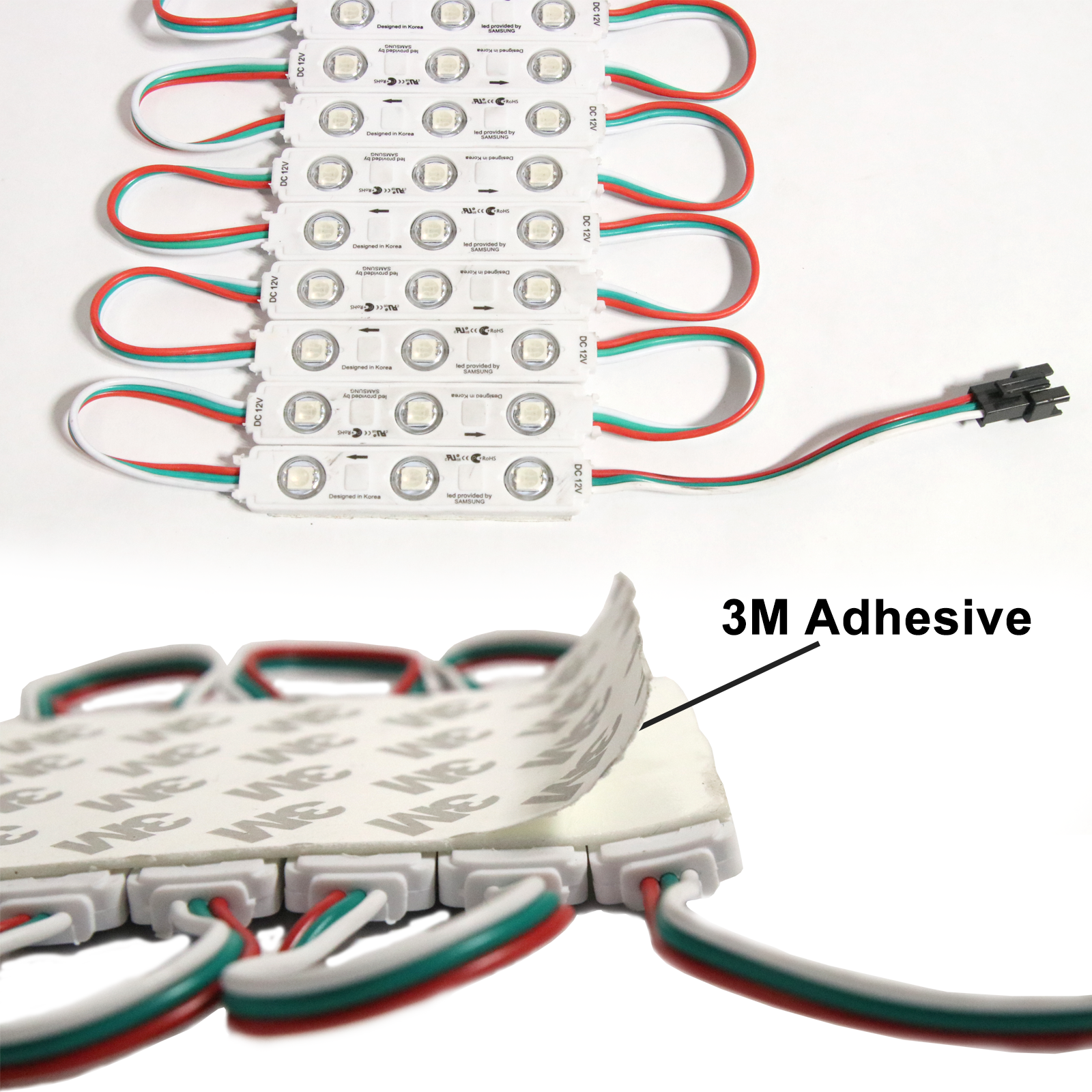 Close up of WS2811 RGB pixel module with 3M adhesive backing and red white green wiring