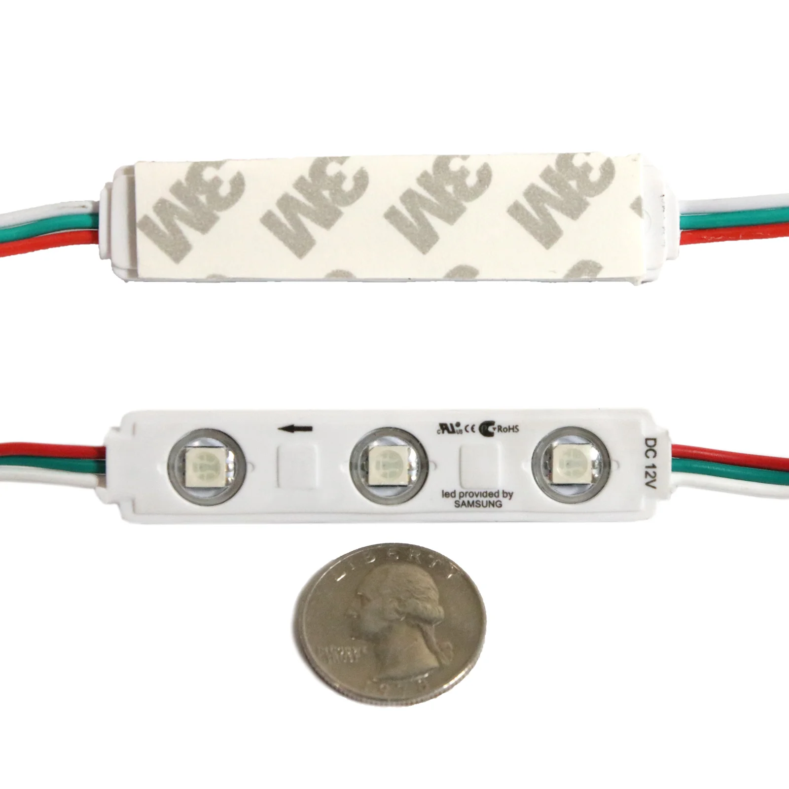 Close up of a 12V WS2811 3-LED RGB pixel module shown next to a coin for size comparison
