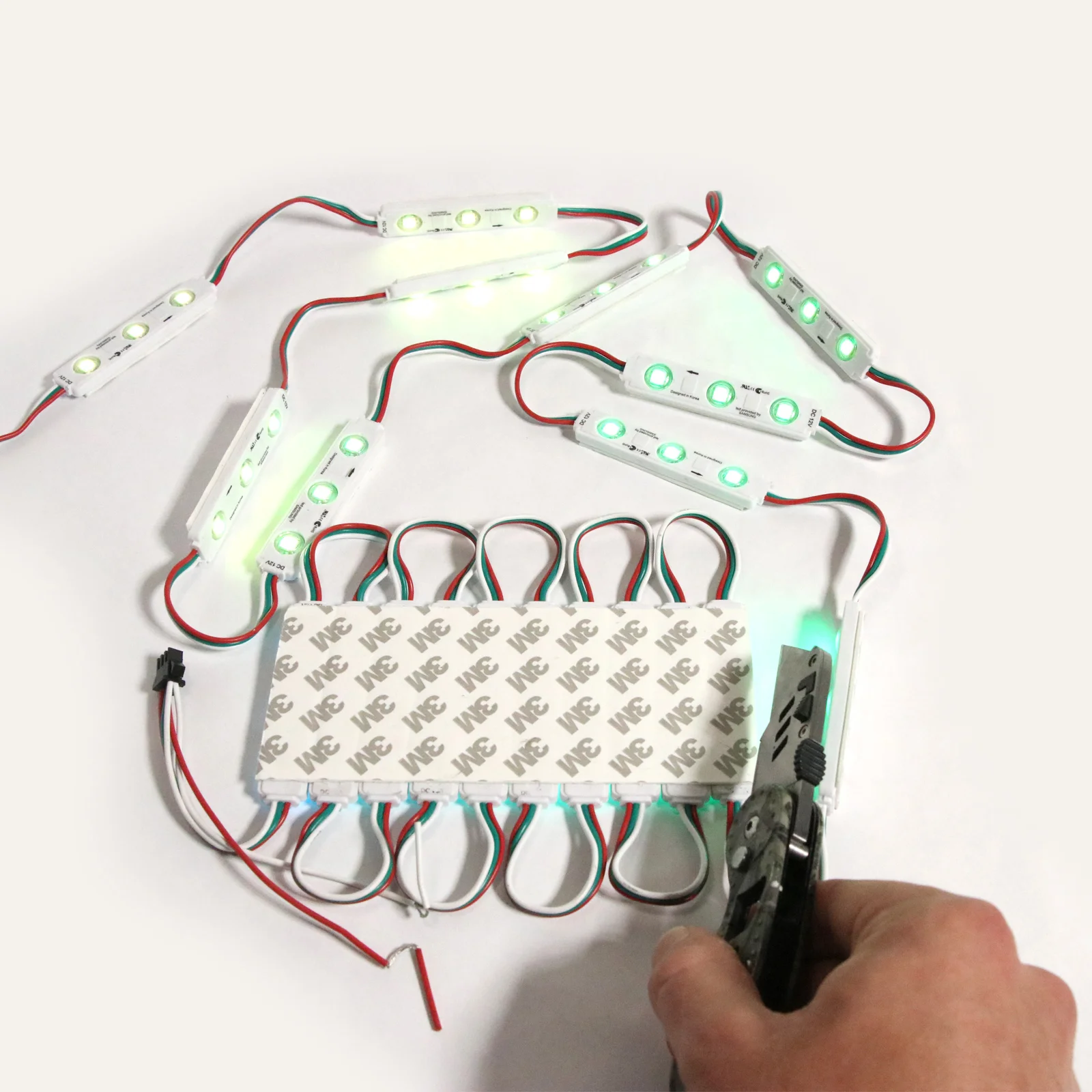 WS2811 RGB pixel modules connected to a controller for testing addressable color lighting