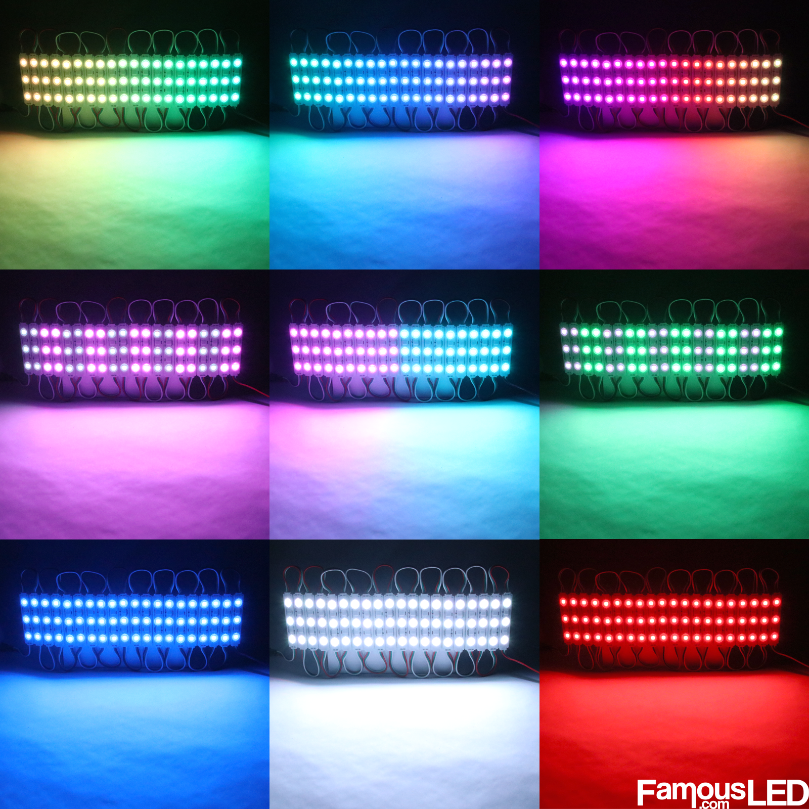 WS2811 RGB LED modules displaying multiple colors including blue green purple white and red