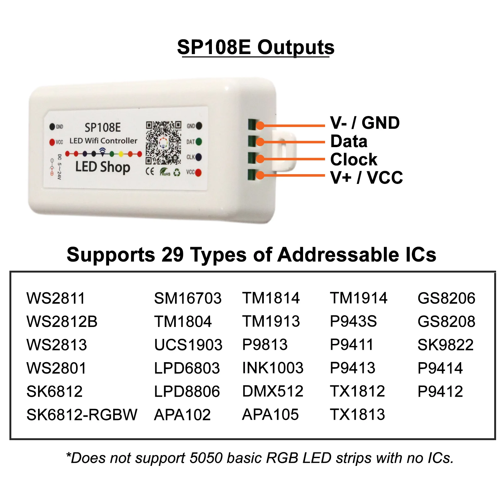 SP108E WiFi LED controller output wiring diagram showing VCC, ground, data, and clock connections