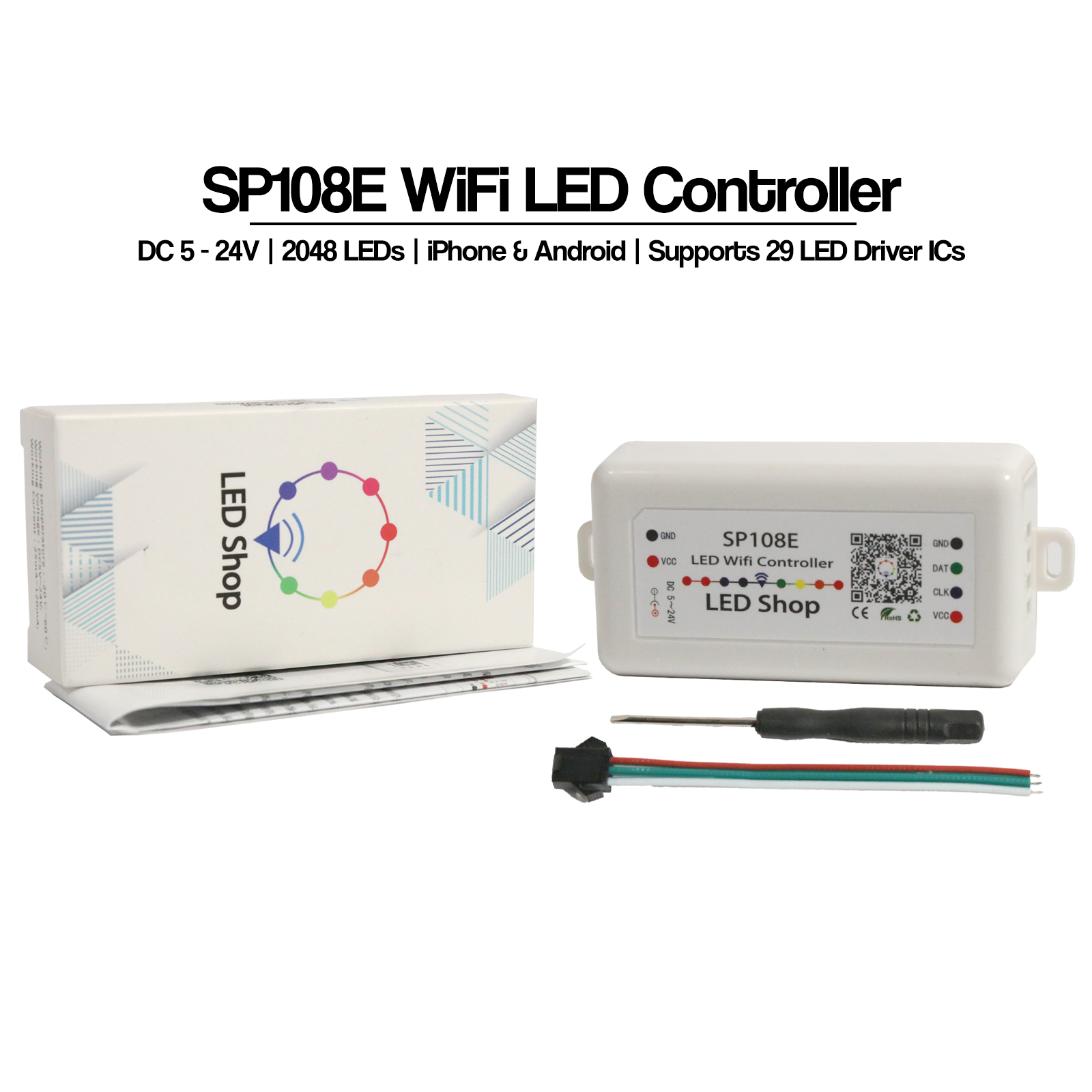 SP108E WiFi LED controller kit with box, controller, screwdriver, connector, and user manual