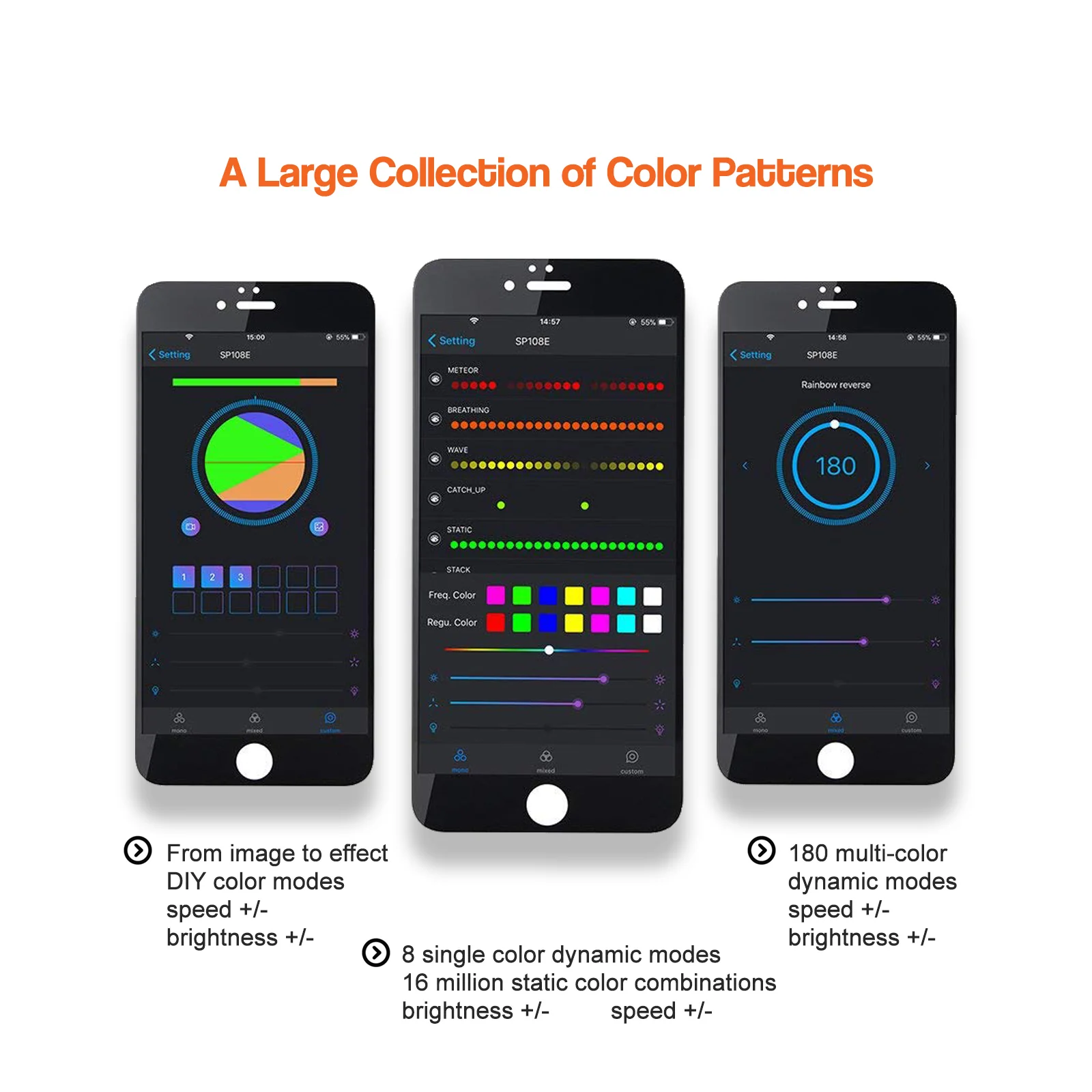 LED Shop mobile app screens showing color wheel, effects, and settings for the SP108E LED controller
