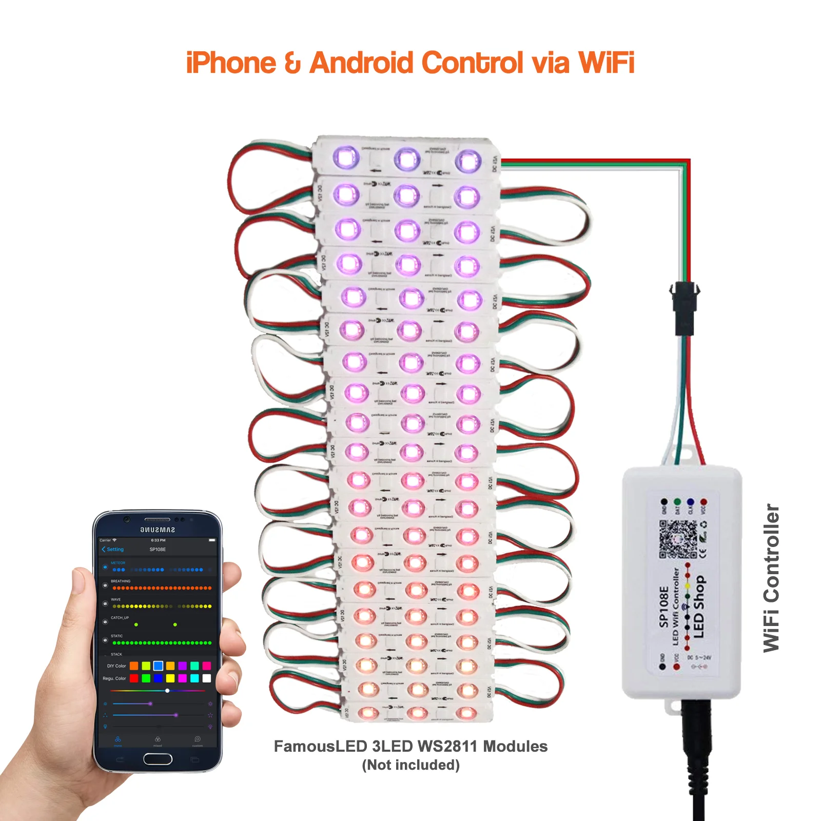 SP108E WiFi controller connected to an addressable RGB LED strip with phone app control