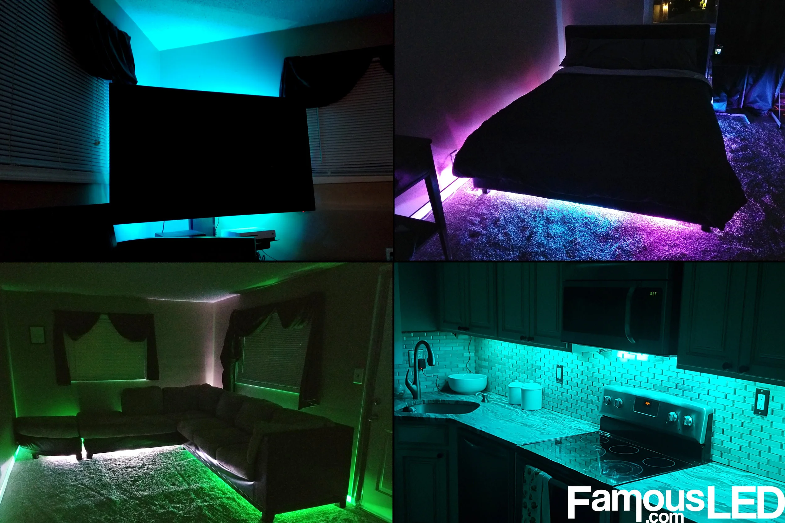 Examples of colorful addressable RGB LED strip lighting installed in indoor display and accent lighting setups
