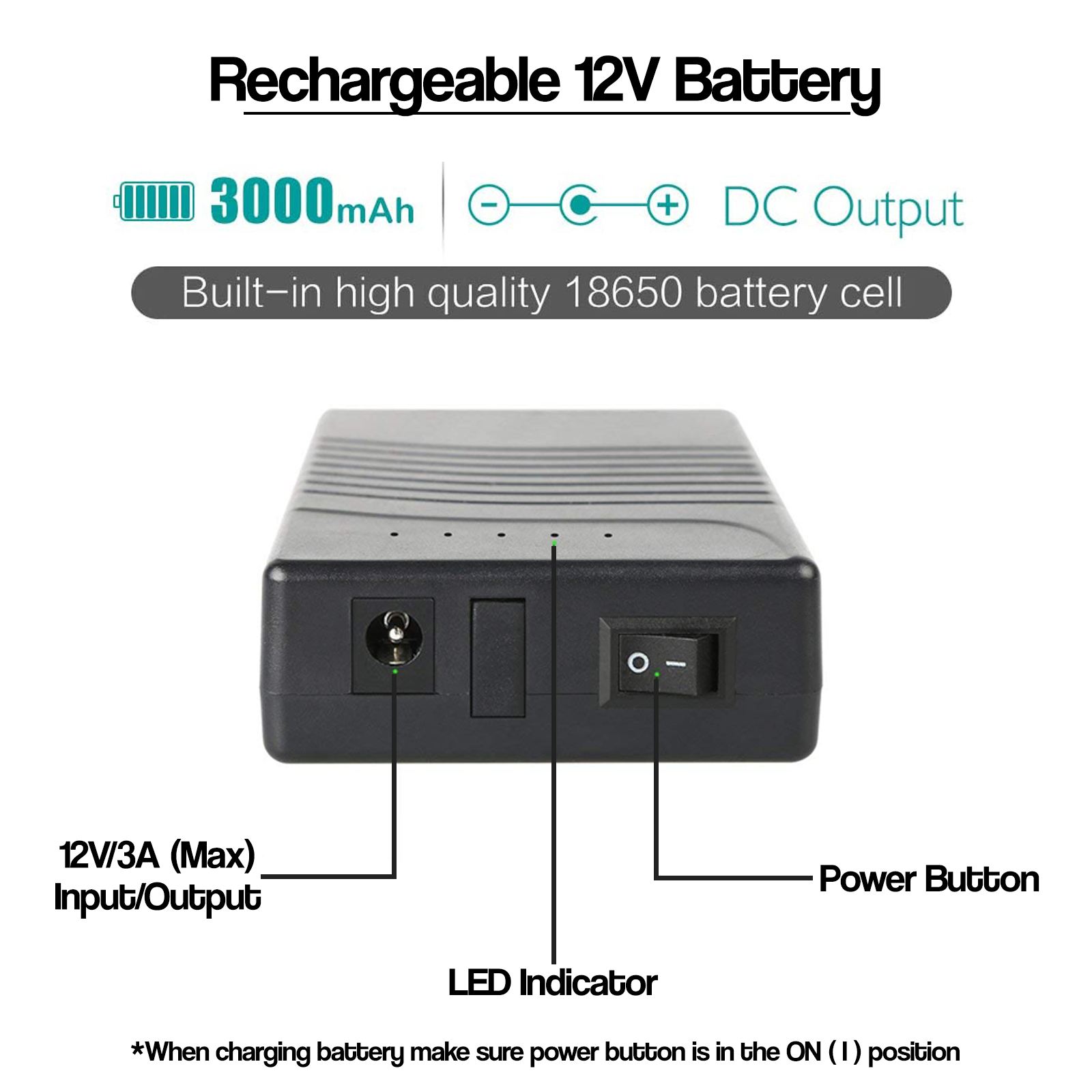 12V 3000mAh battery pack showing DC output, input, power switch, and LED indicator