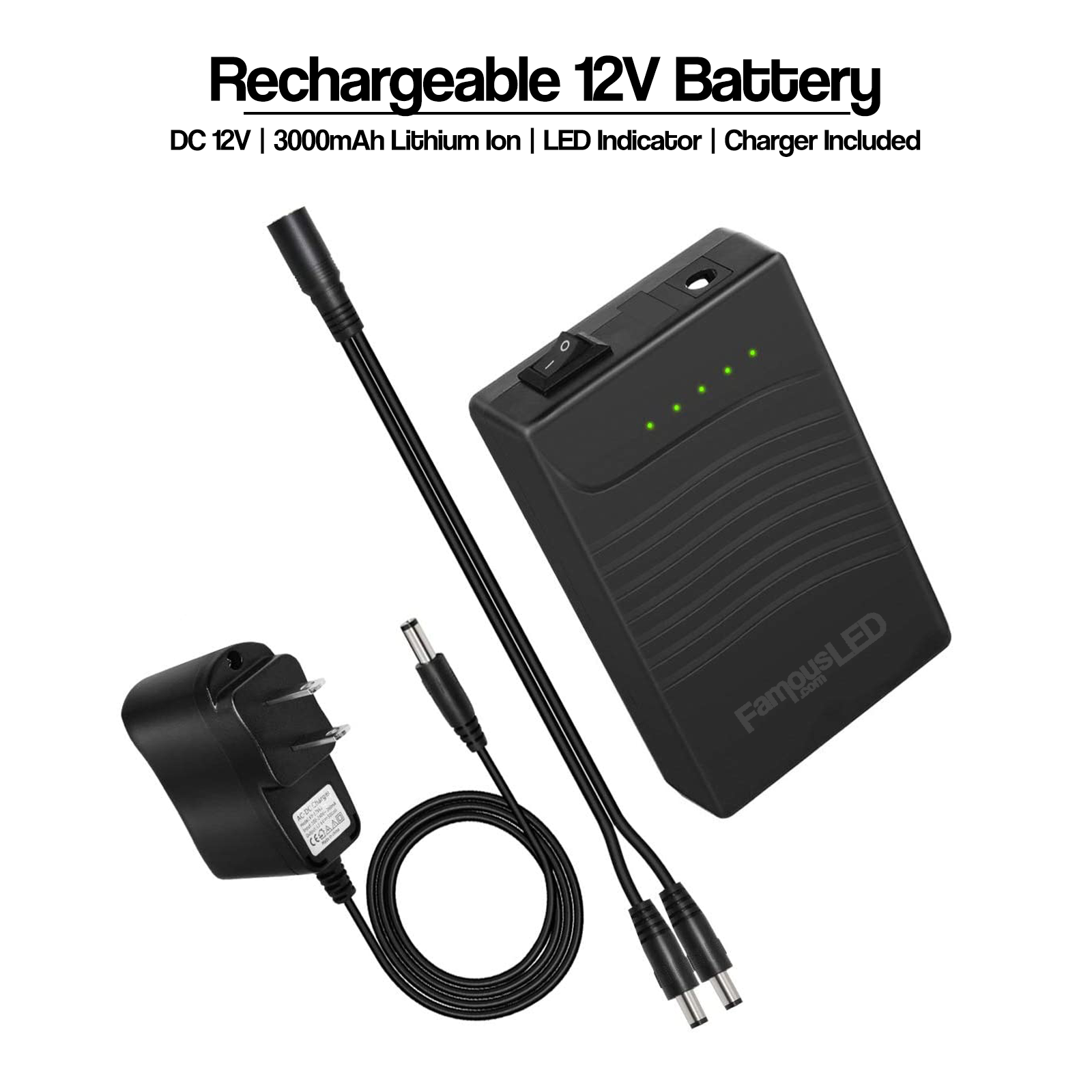 Rechargeable 12V 3000mAh battery pack with wall charger and DC splitter cable