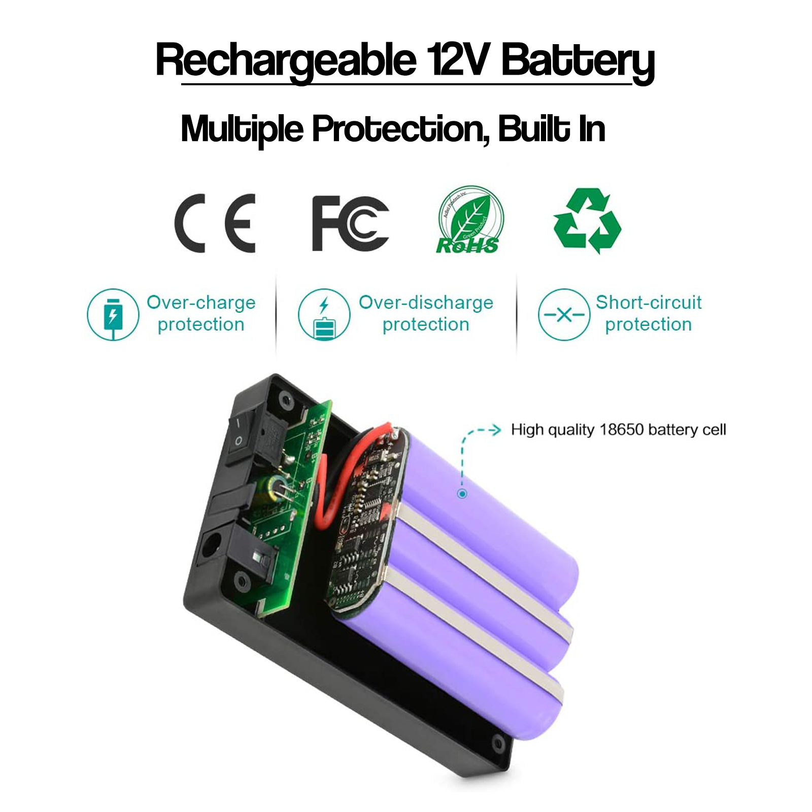 Rechargeable 12V lithium-ion battery pack diagram showing internal cells and protection features