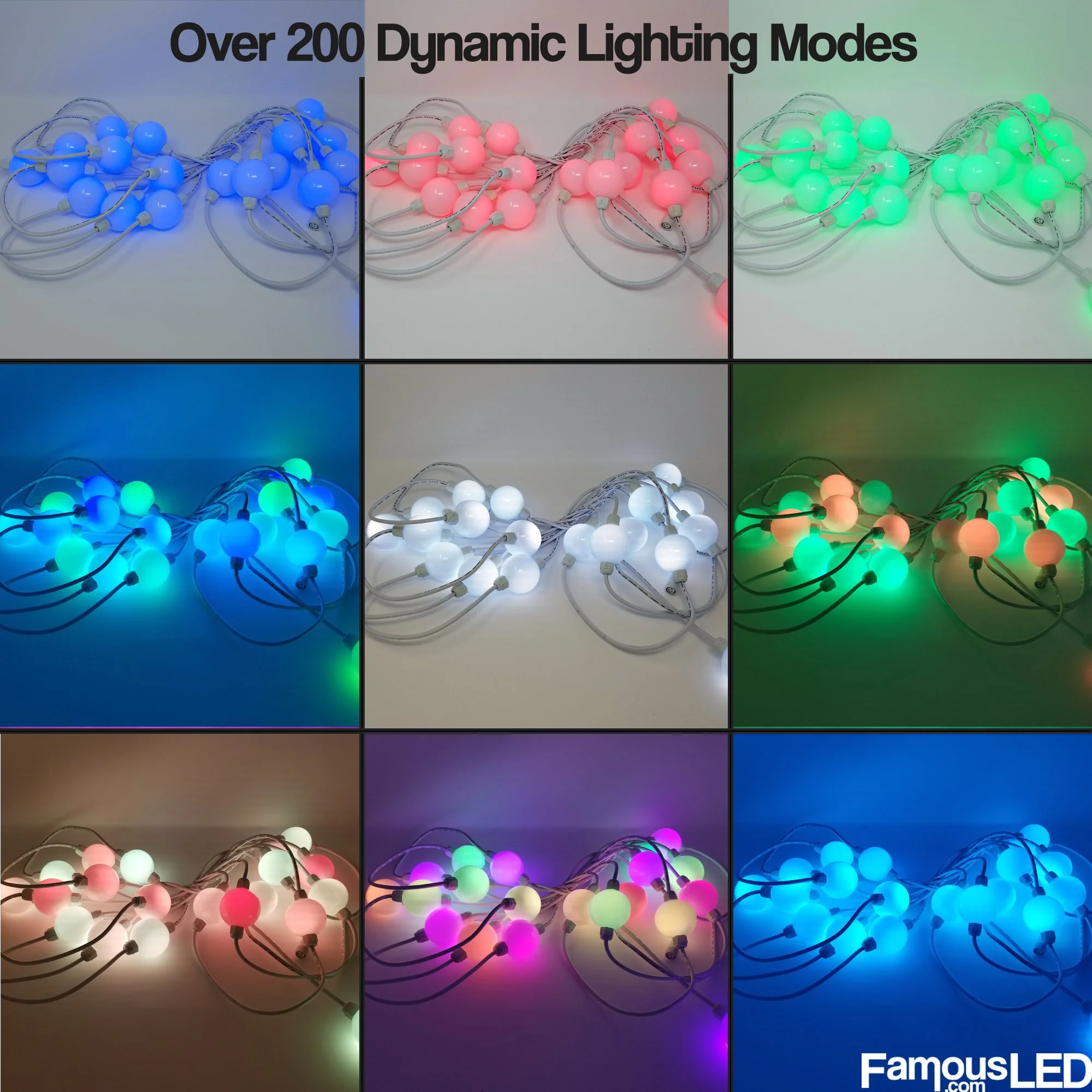 RGB WS2811 pixel LED ball string lights showing multiple color effects