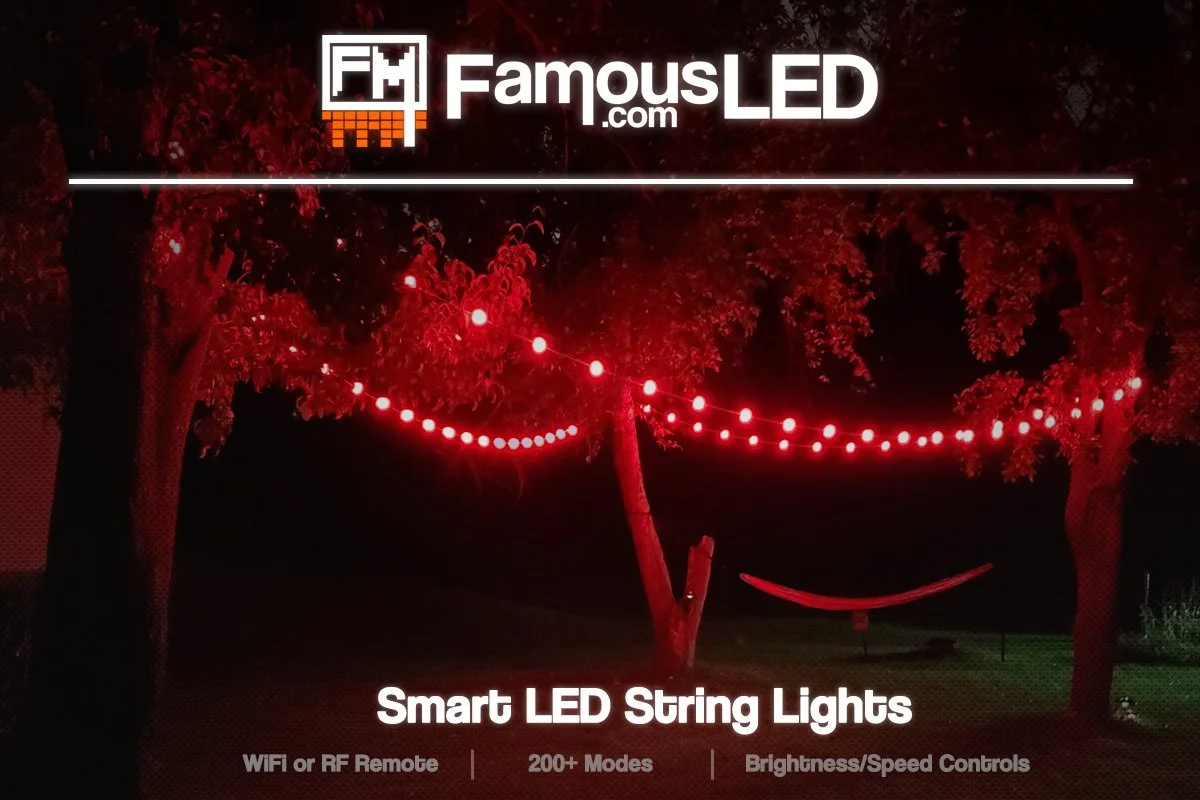 Red WS2811 LED ball string lights installed outdoors in a tree at night