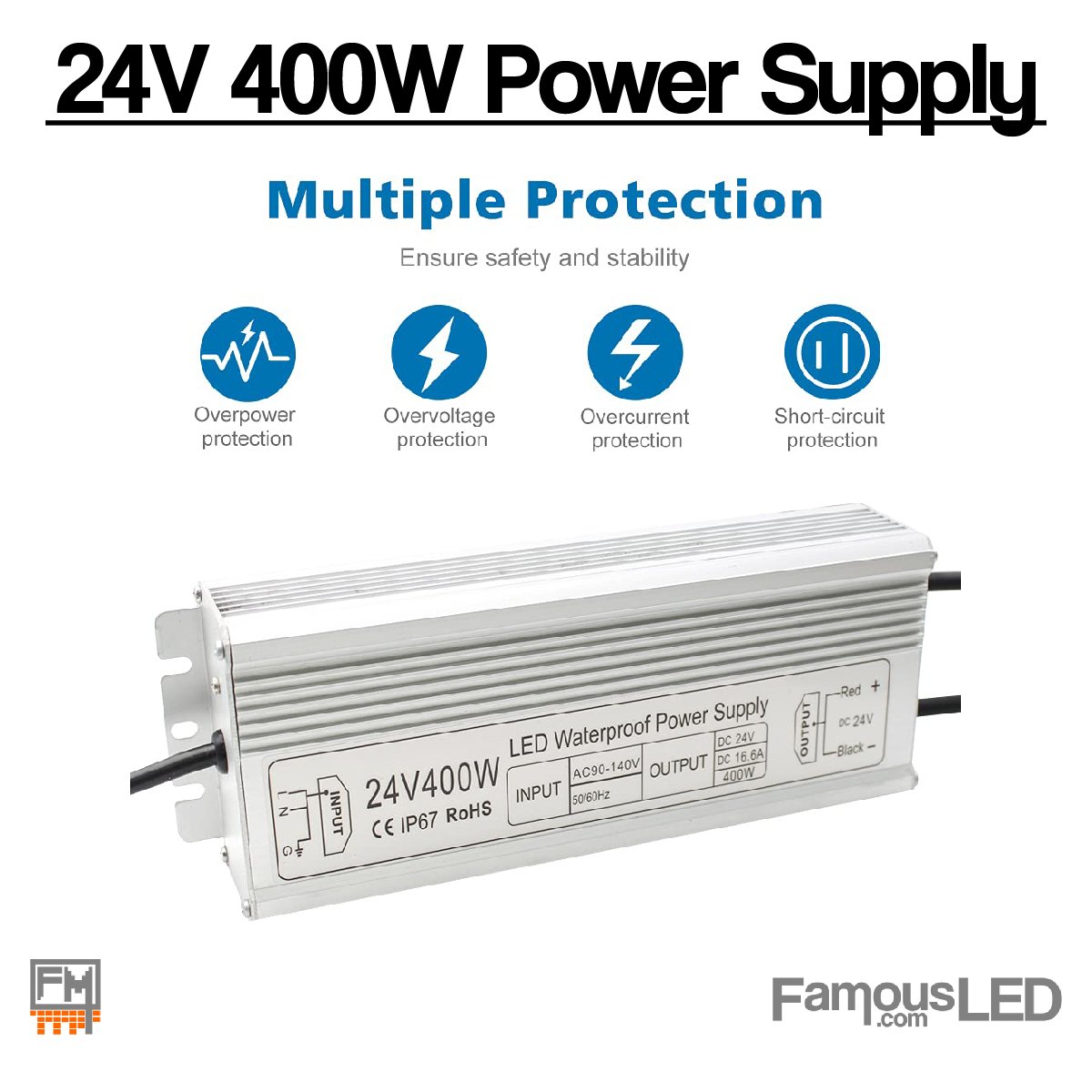 24V 400W LED power supply showing built-in protection features and aluminum housing