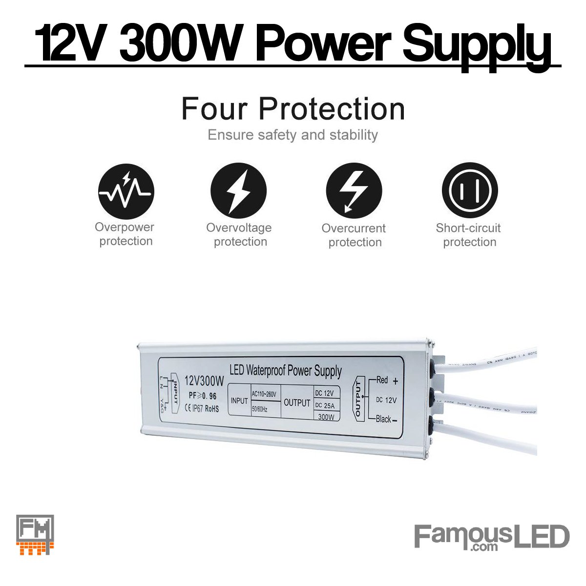 12V 300W LED power supply showing built-in protection features and aluminum housing