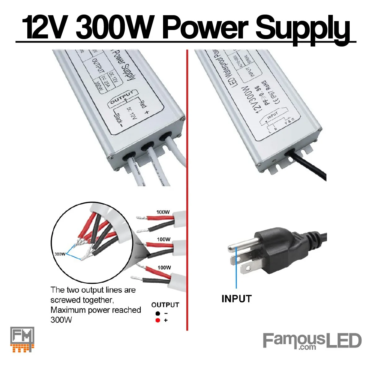 Input and output wiring details for 12V 300W LED power supply with three DC output leads