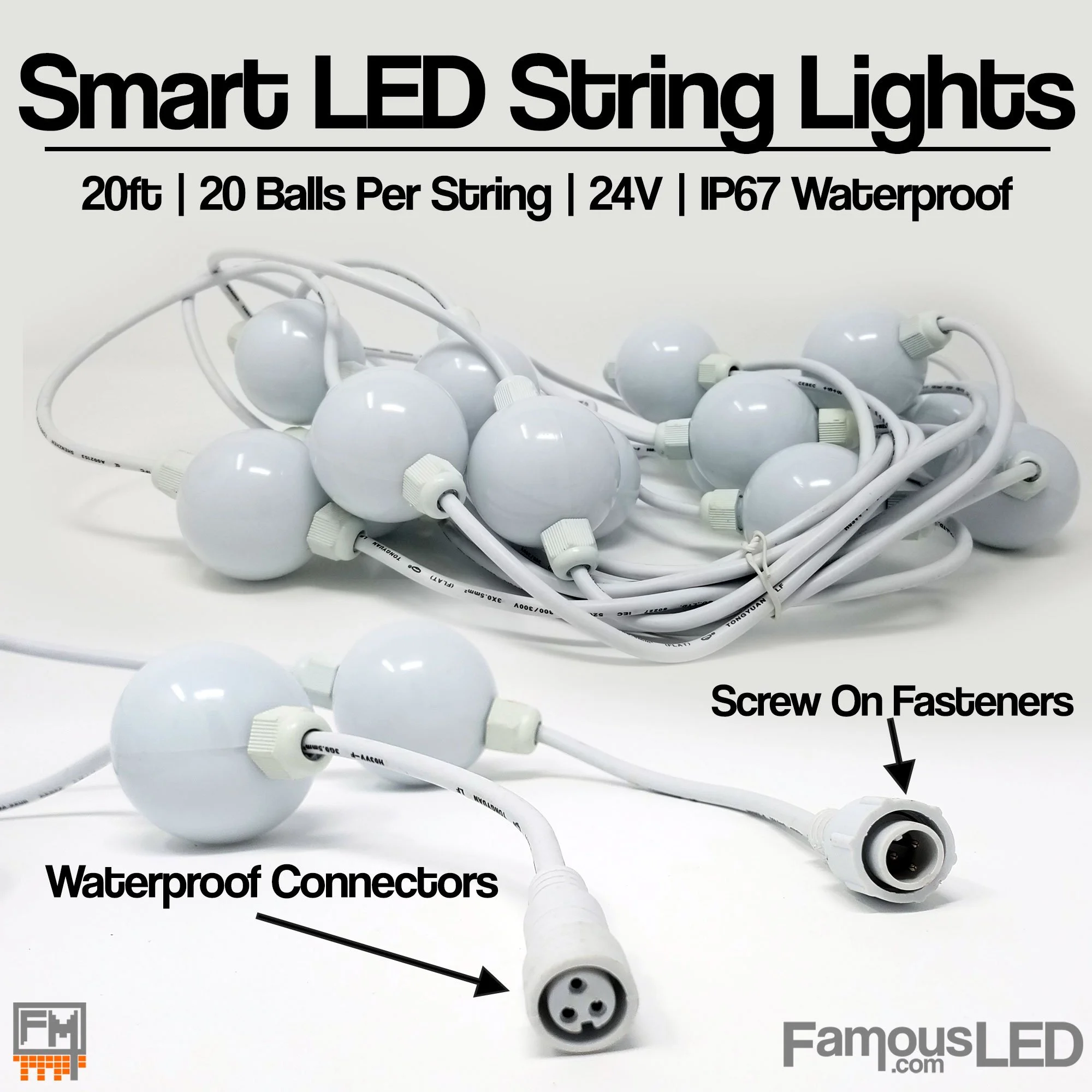24V WS2811 pixel LED ball string lights with IP68 waterproof connectors and screw-on fasteners