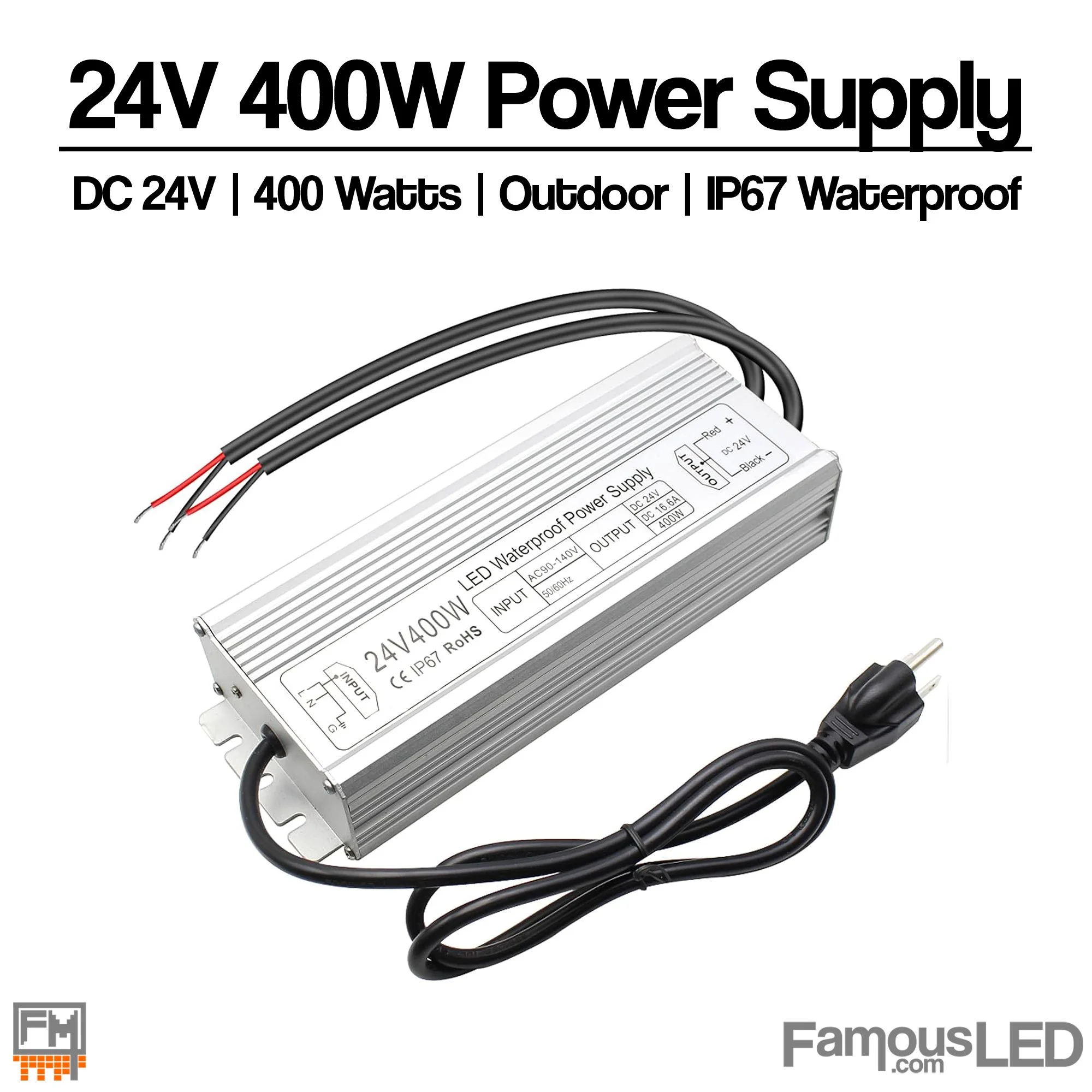 24V 400W IP67 outdoor LED power supply with AC plug and DC output wires