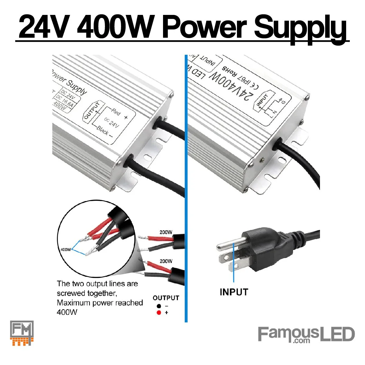 Input and output wiring diagram for 24V 400W LED power supply