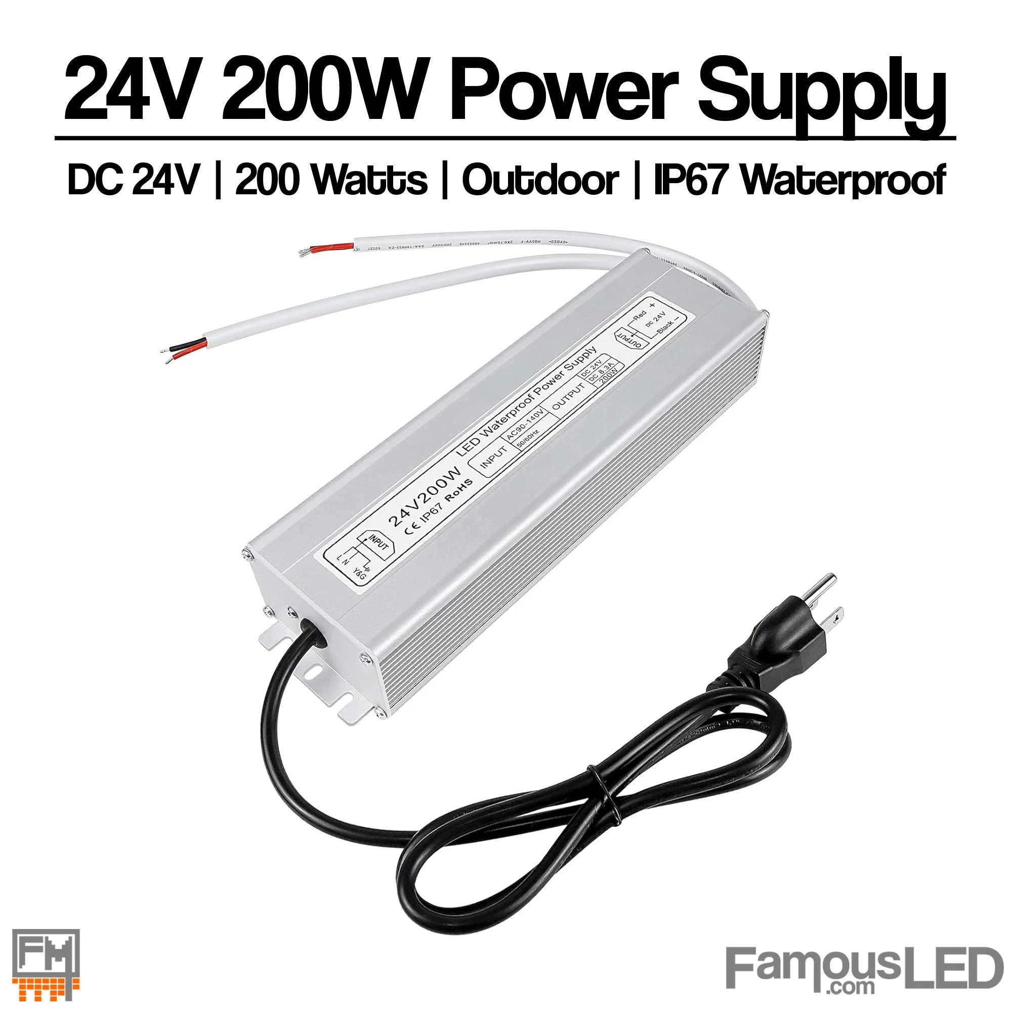 24V 200W IP67 outdoor LED power supply with AC input plug and DC output wires