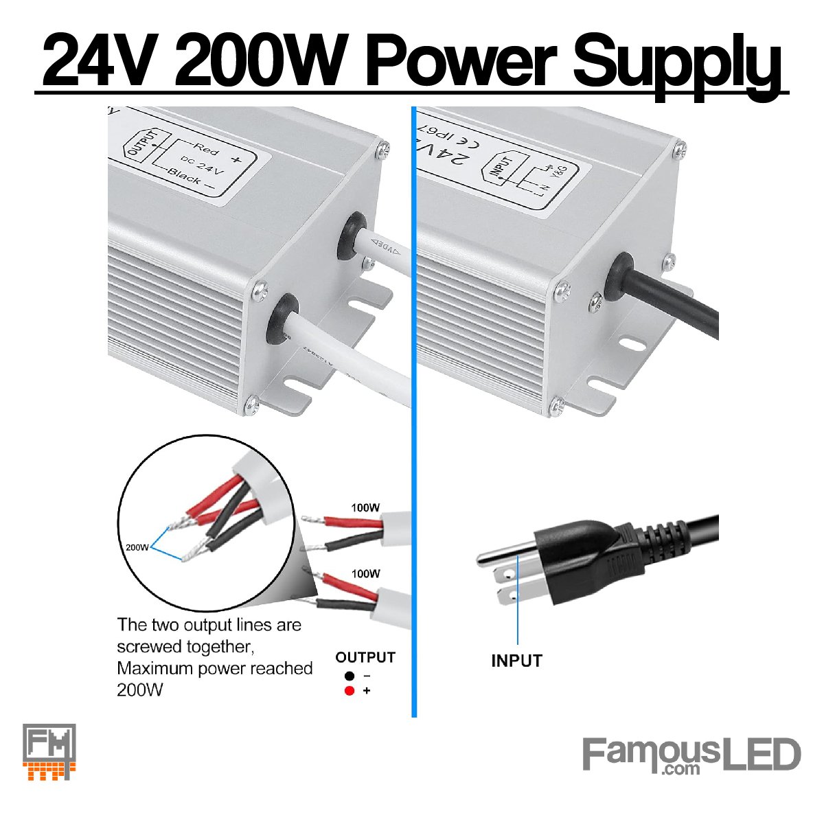 Input and output wiring details for 24V 200W LED power supply