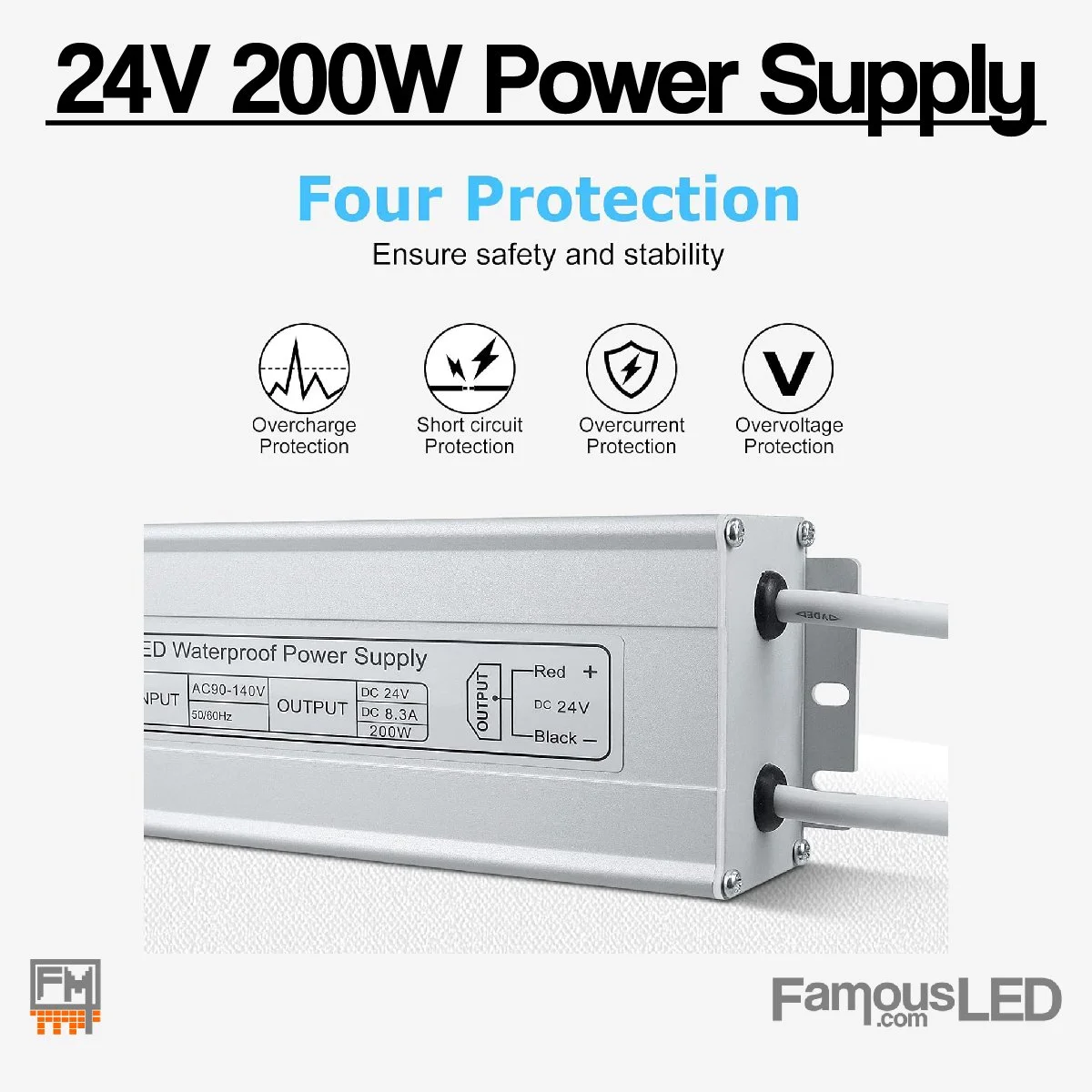 24V 200W LED power supply showing built-in protection features and aluminum housing