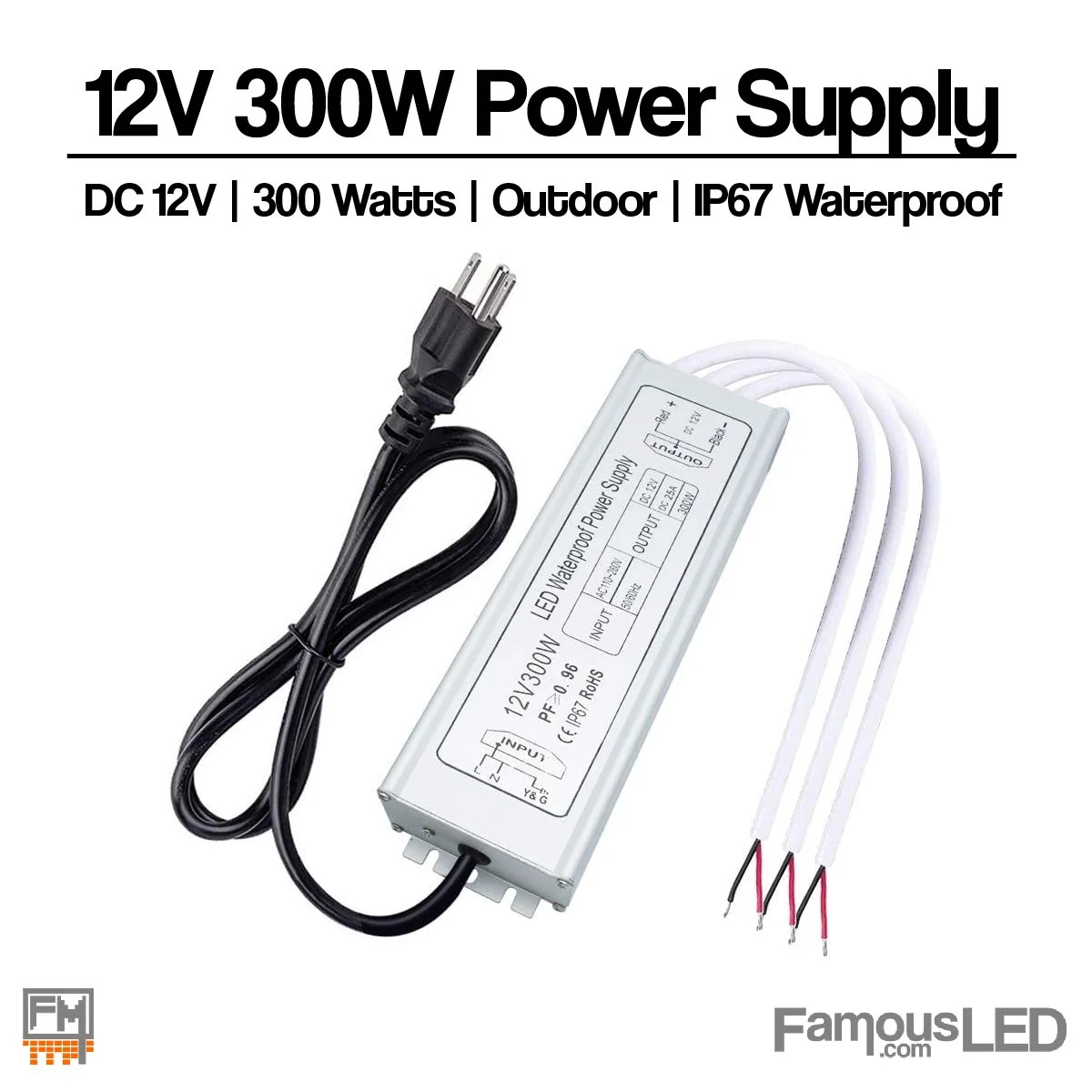 12V 300W IP67 outdoor LED power supply with AC input plug and DC output wires