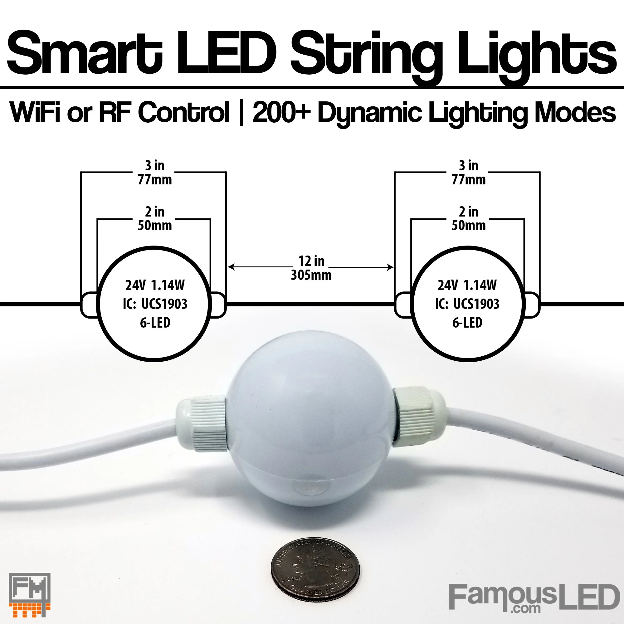 Dimension diagram for 50mm WS2811 LED ball string lights with 20 balls per 20 ft string