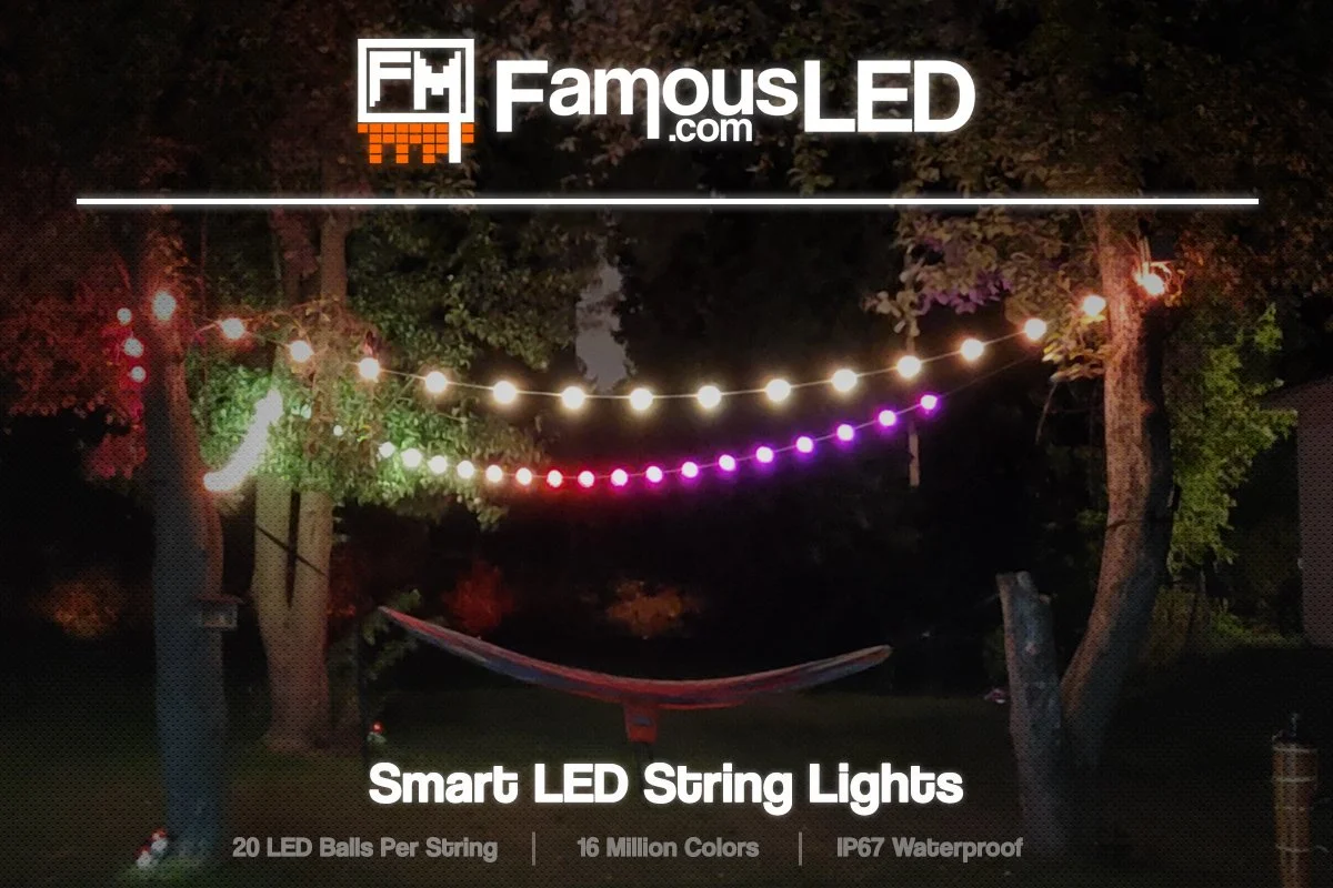 Outdoor RGB pixel LED ball string lights installed in a tree with multicolor lighting effects