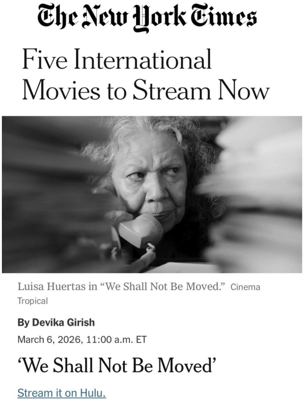 "Masterfully directed&hellip; a true achievement,&rdquo; raves Devika Girish in her New York Times review of the Mexican film WE SHALL NOT BE MOVED / NO NOS MOVER&Aacute;N by Pierre Saint Martin, now streaming on Hulu in the United States.
.
.
.