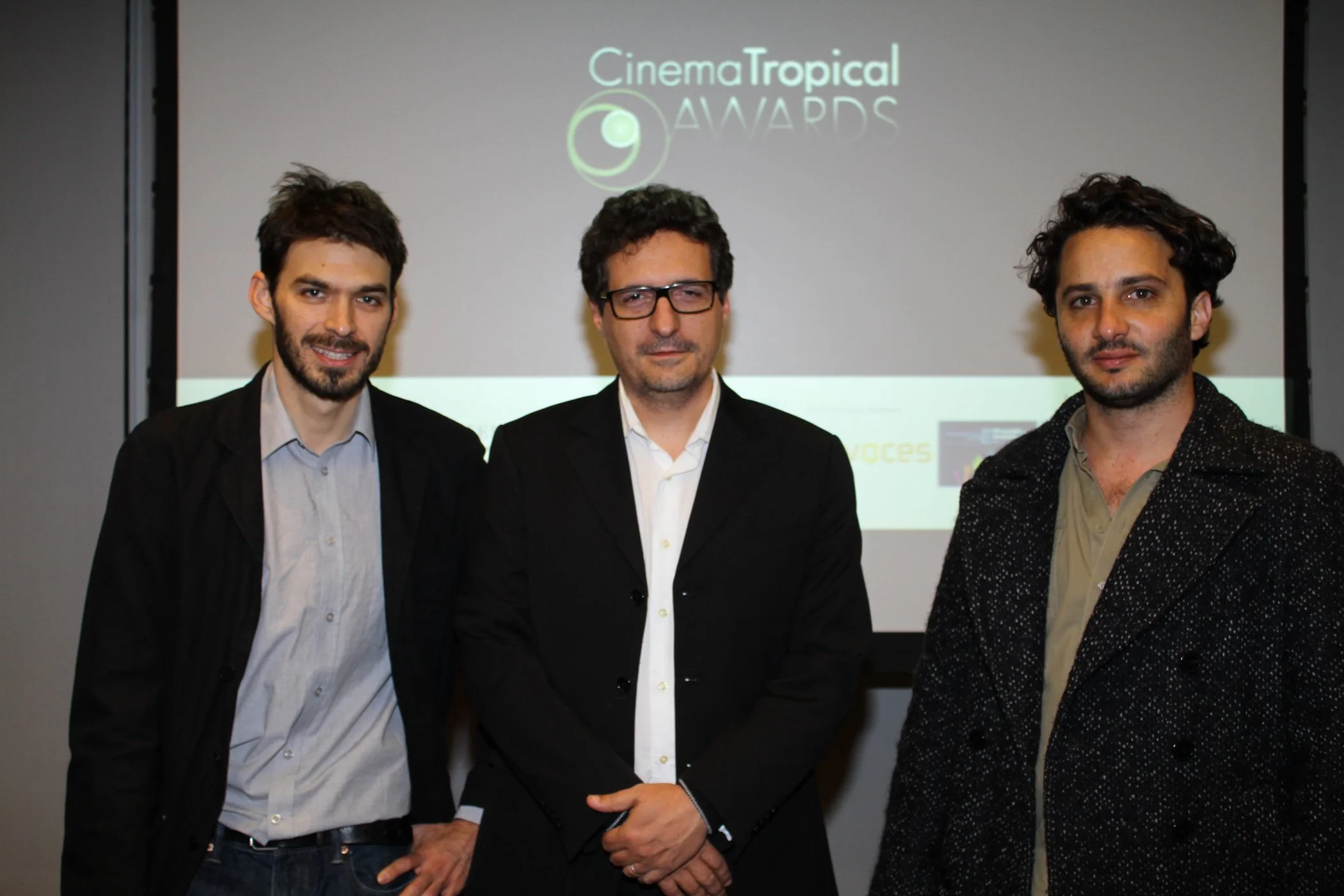 Cinema Tropical at 25: 
Nominated directors Mat&iacute;as Meyer (THE LAST CHRISTEROS), Kleber Mendon&ccedil;a Filho (NEIGHBORING SOUNDS), and Gast&oacute;n Solnicki (PAPIRSON) at the 3rd Annual Cinema Tropical Awards at The New York Times headquarter