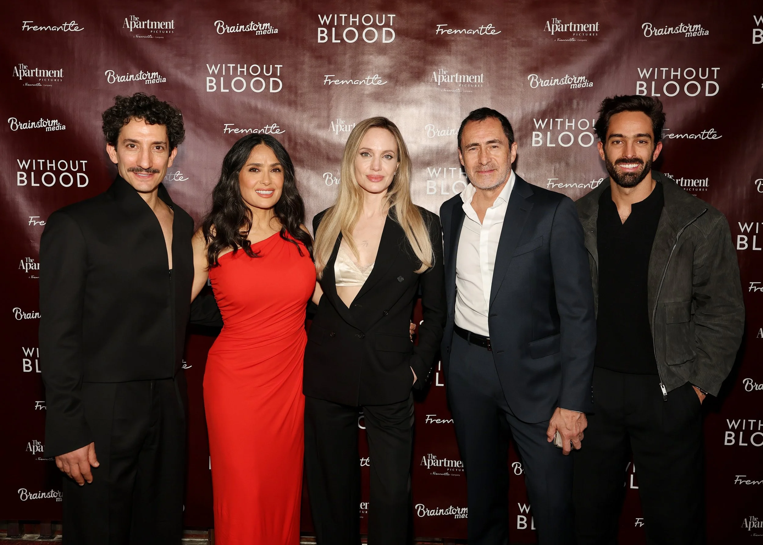 Juan Minuj&iacute;n, Salma Hayek Pinault, Angelina Jolie, Demi&aacute;n Bichir, and Patricio Jos&eacute; attend the WITHOUT BLOOD New York Special Screening at Village East Cinema. The film opens in theaters stateside this Friday, September 18. 

Pho