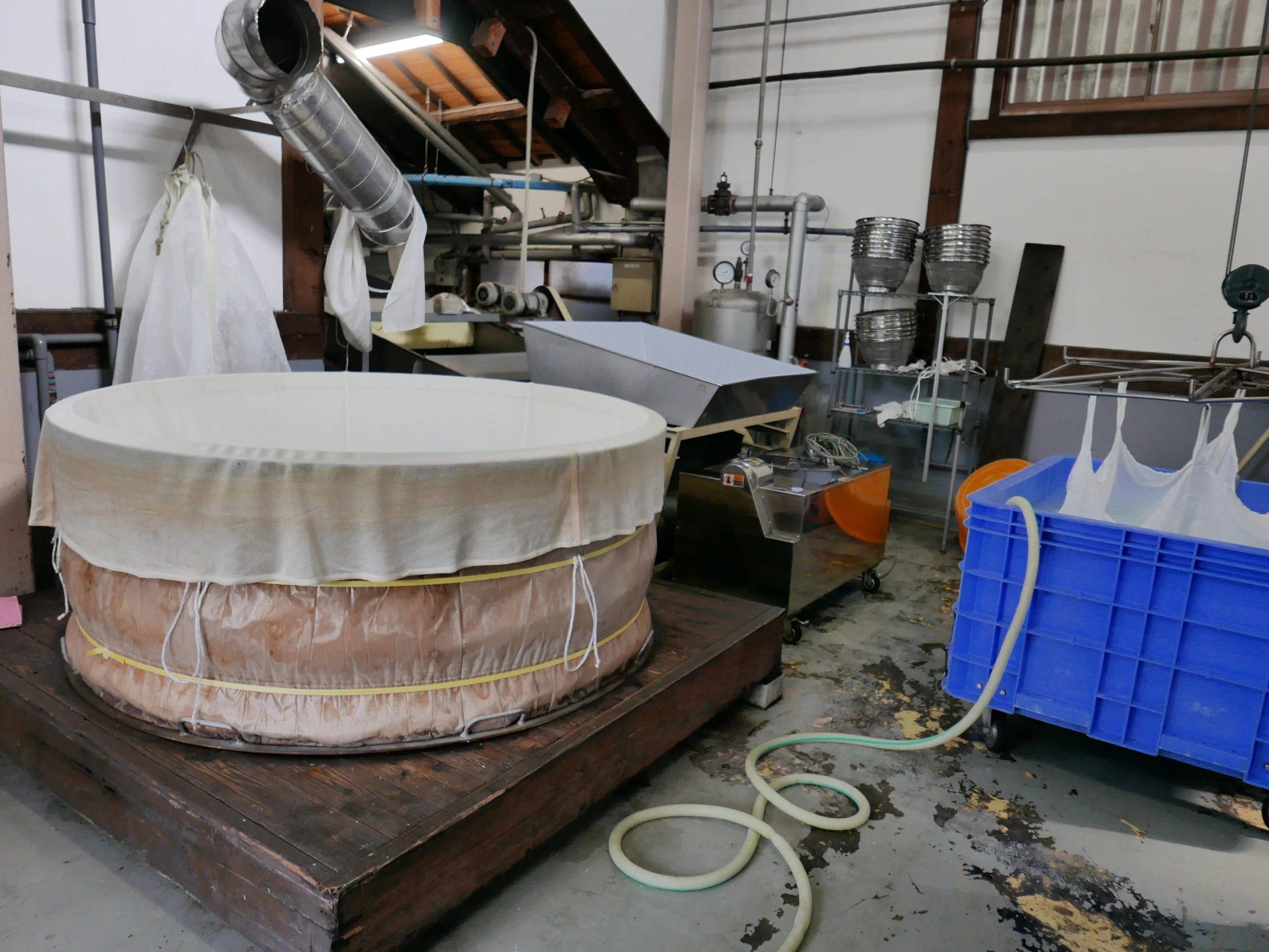 The polished rice is rinsed in large bags as on the right or in the stainless sieves (for traditional and high quality sake,) and then steamed in the huge spa bath looking vessel on the left. Several batches are steamed at once. 