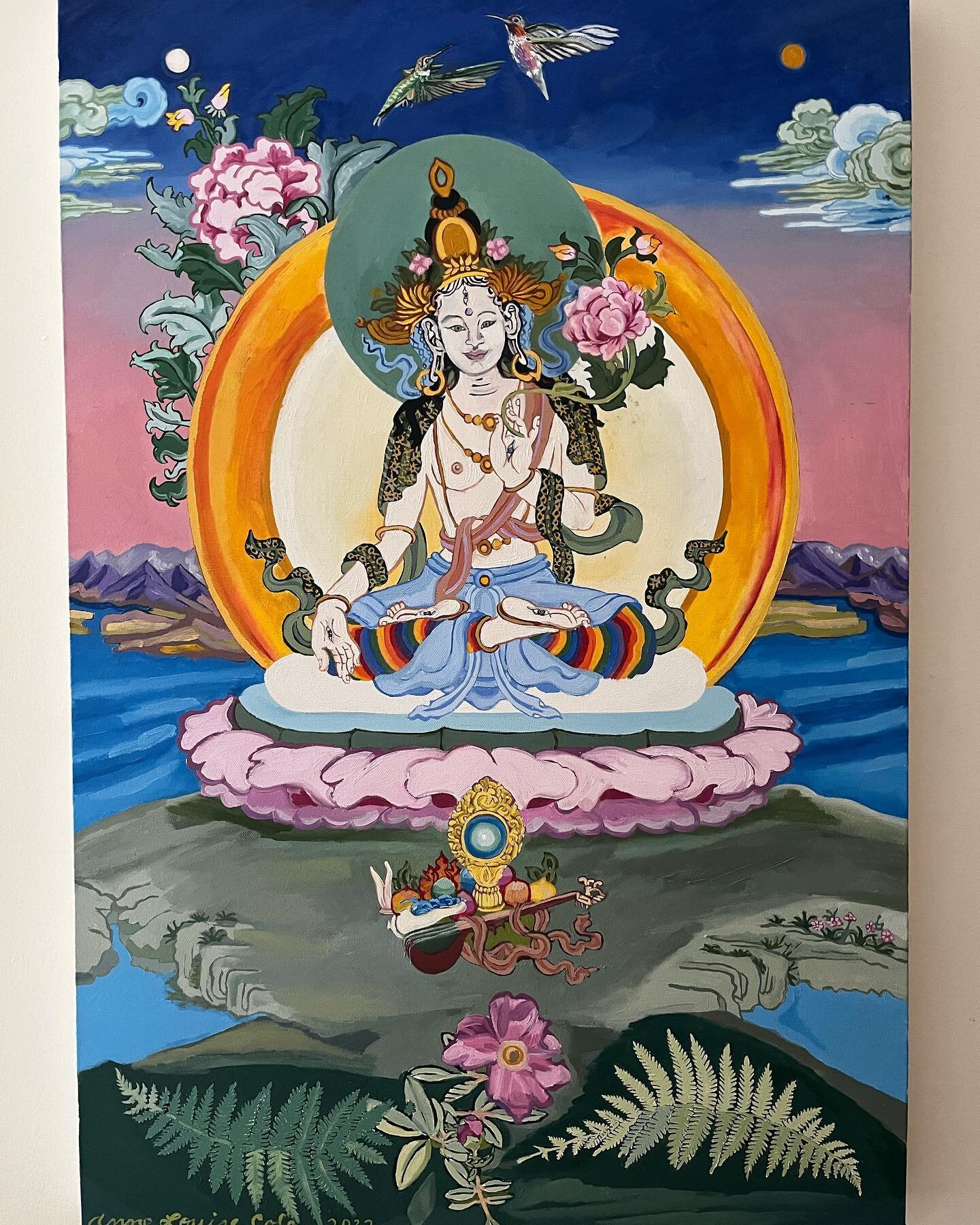 White Tara Love. oṃ tāre tuttāre ture mama āyuḥ-puṇya-j&ntilde;āna-puṣṭiṃ kuru svāhā. Love compassion wisdom and protection. Ocean mountains clouds humming birds wild rose ferns music fire water and the internal mirror meditation the gift to the quie