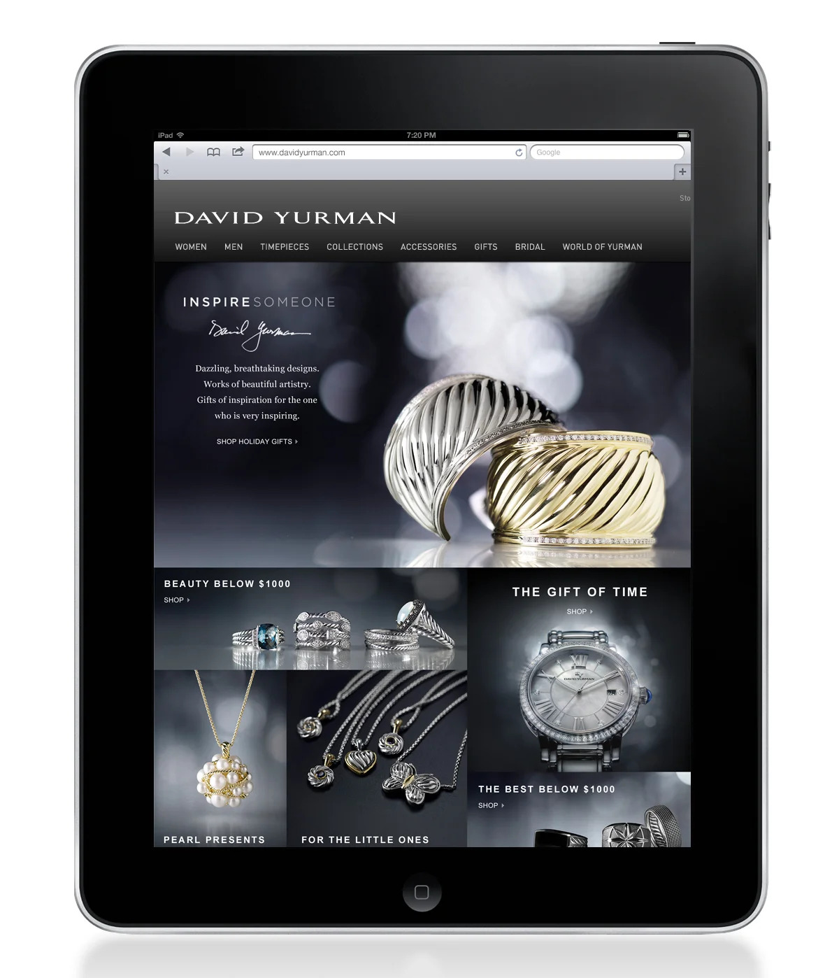  Tablet home page for DavidYurman.com. 