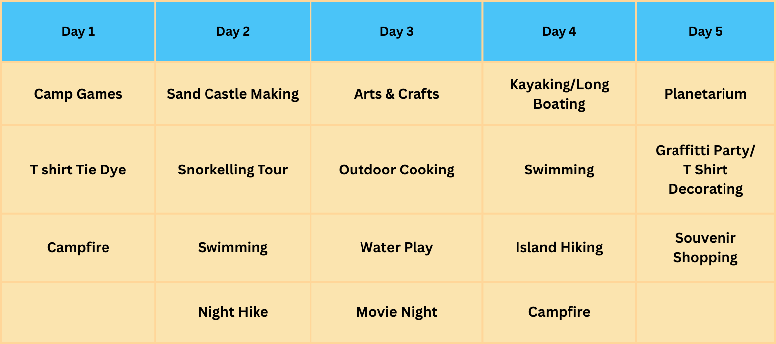 Camp schedule for our Okinawa Kids Summer camp