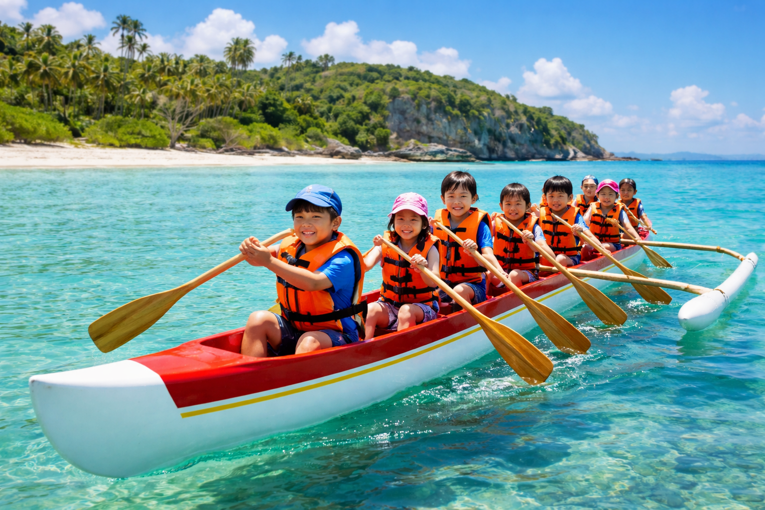 Kids sea kayaking in Okinawa summer camp