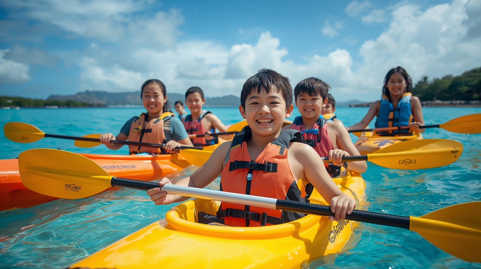 Kids and counsellors doing a sea kayak tour in Okinawa at summer camp