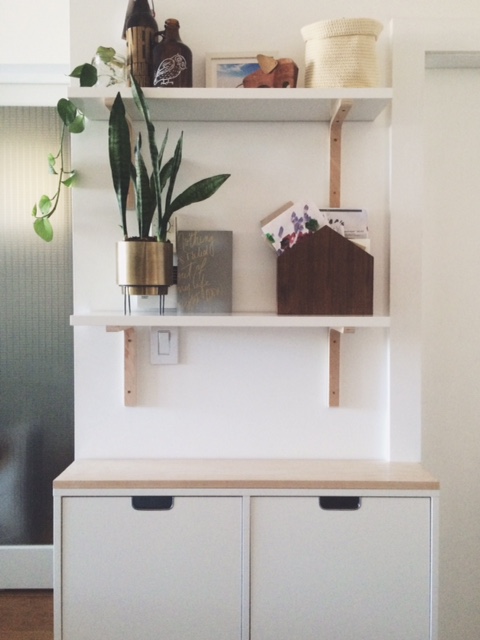 House Mail Holder: Ferm Living , Brass Planter: Urban Outfitters, Shelf Brackets: Amazon.com (Sold Out), Shelves: Ikea Print: @MakingType