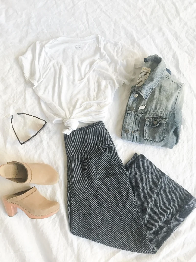 White Tee, Jean Jacket, Clogs, Devons Drawer Linen Culottes ,